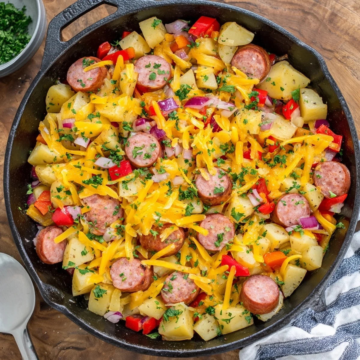 Savory Cheesy Sausage and Potato Skillet Bake in a cast iron skillet with caramelized onions and peppers.