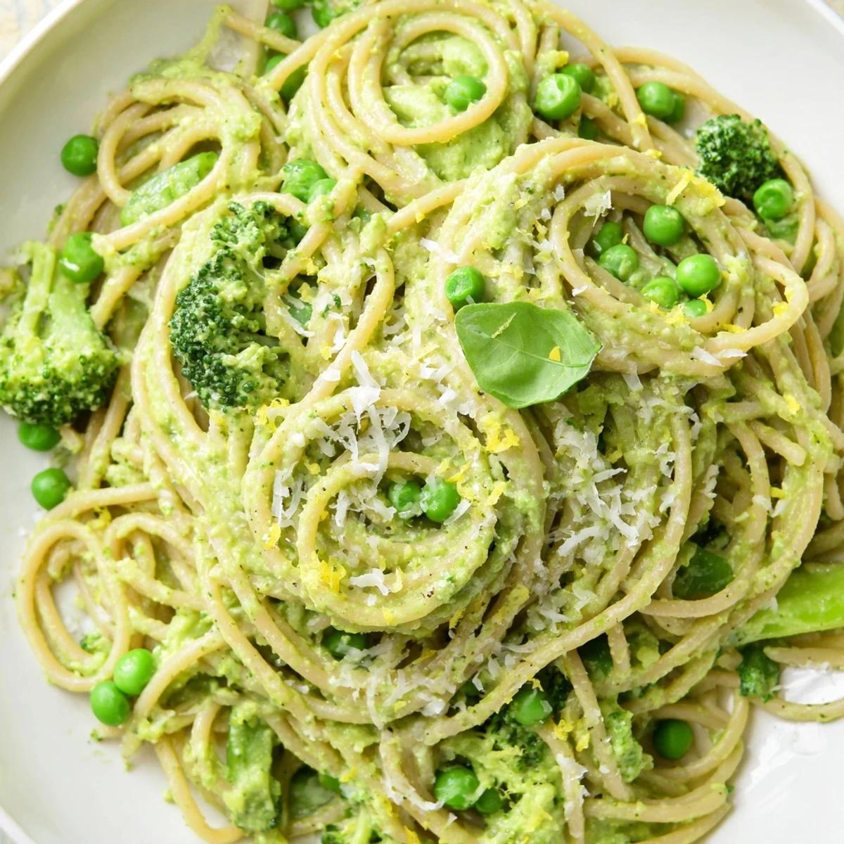 Veggie Smuggler Avocado Pasta served in a white bowl with broccoli and peas mixed in.