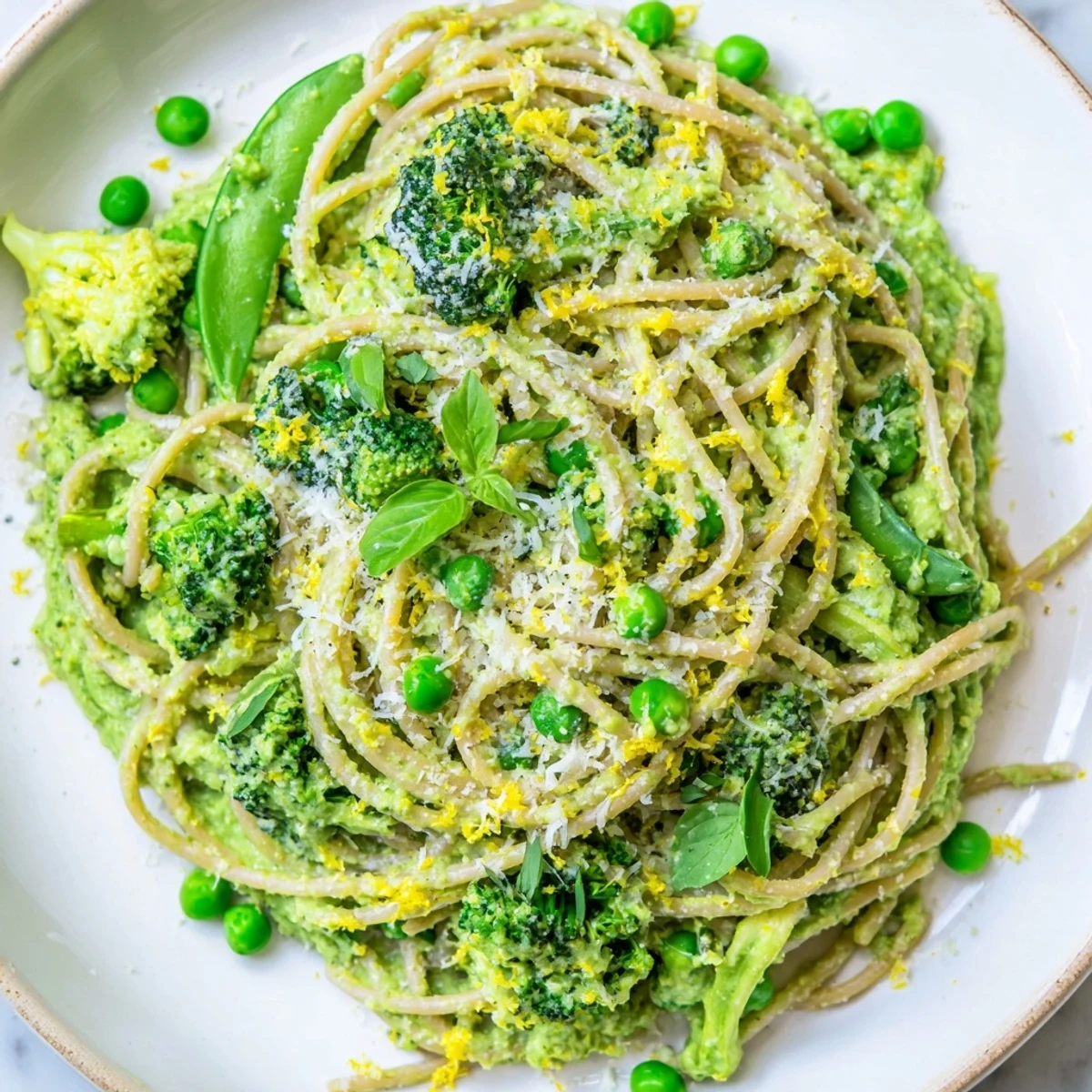 A close-up of Veggie Smuggler Avocado Pasta showing silky avocado sauce and vibrant green vegetables.