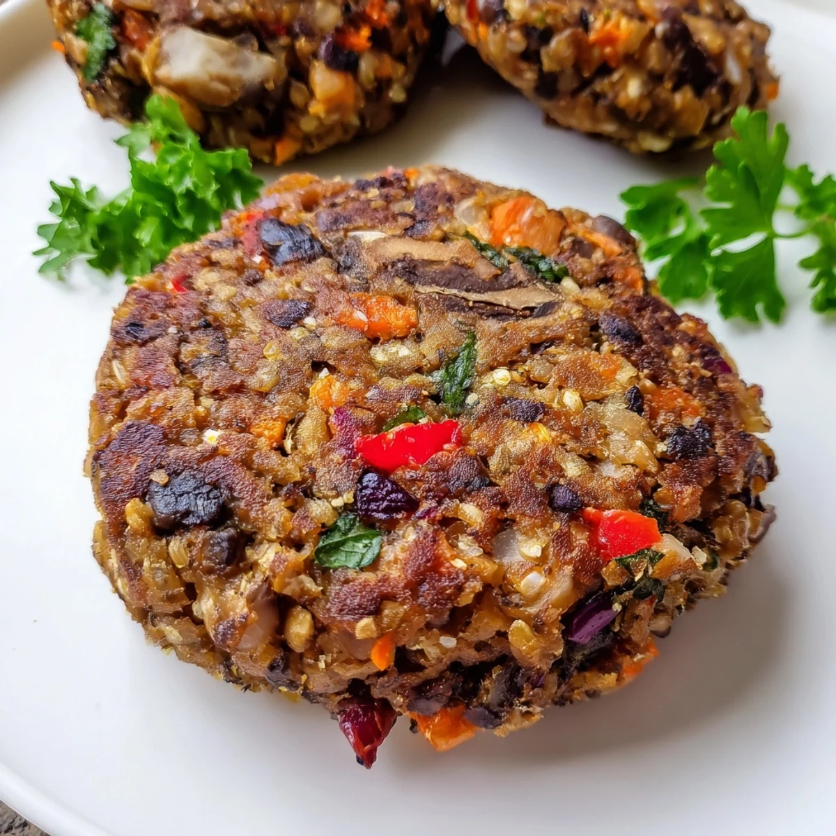 Golden-brown mushroom veggie burgers with a hearty texture, served on a soft bun with fresh lettuce and tomato slices.
