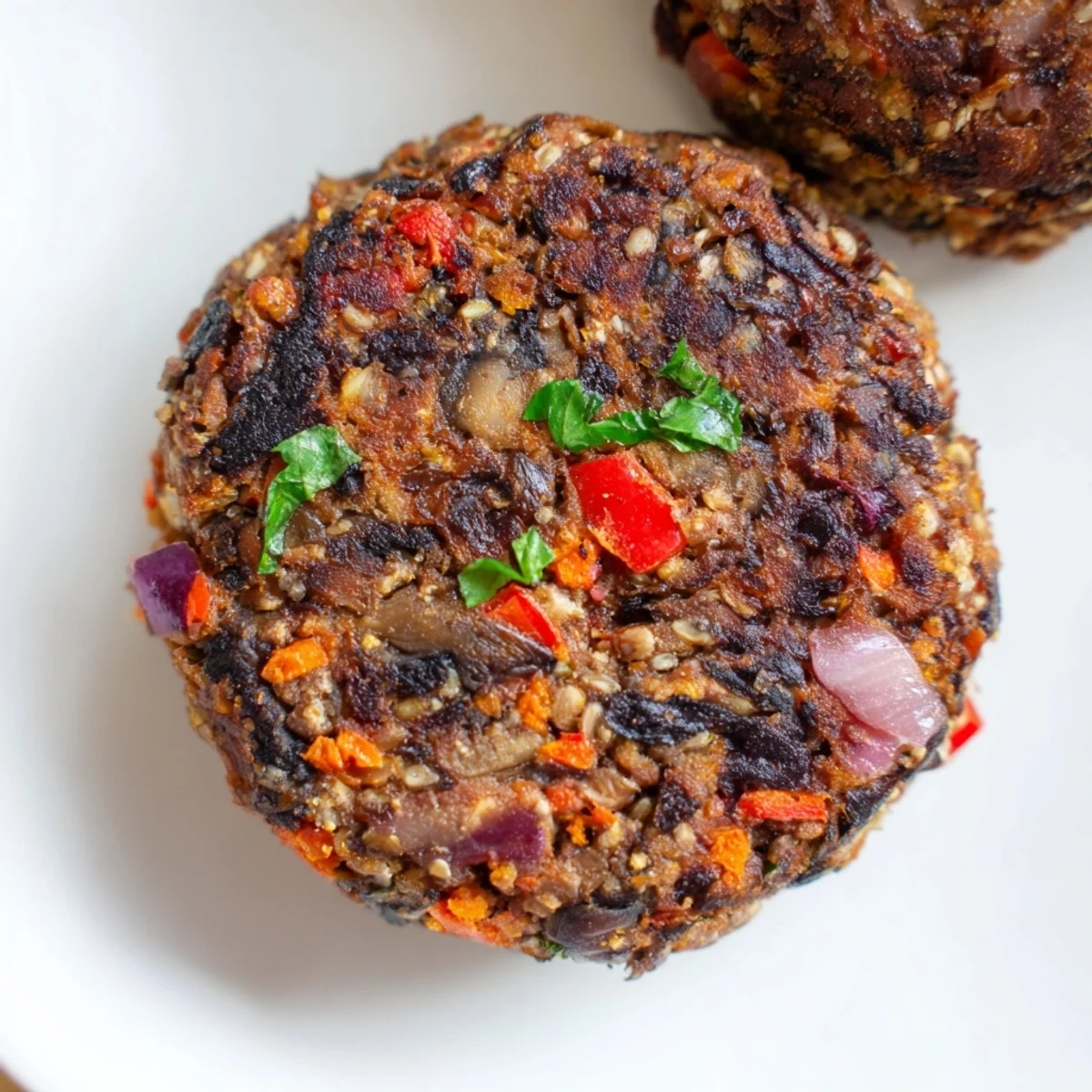 Close-up of a mushroom veggie burger on a rustic plate, topped with melted cheese and pickles for a satisfying meal.