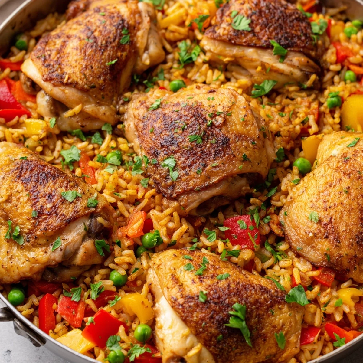 Golden-brown chicken thighs rest on a bed of saffron rice and vegetables in the One Pan Spanish Chicken and Rice Bake.