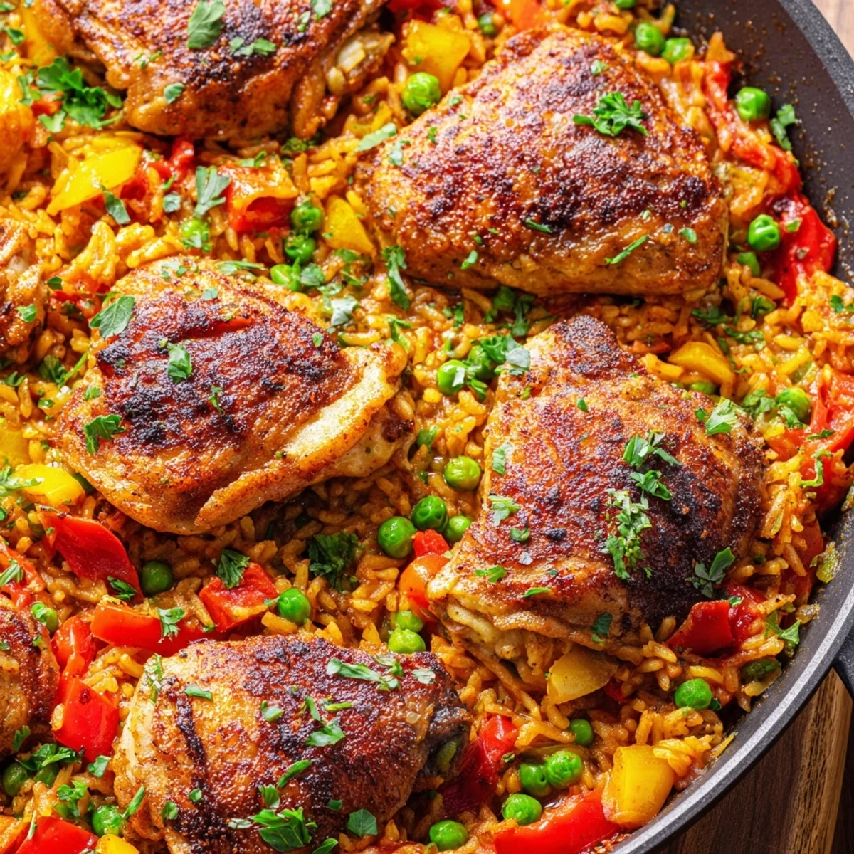 The One Pan Spanish Chicken and Rice Bake garnished with fresh parsley and lemon wedges, ready to serve.