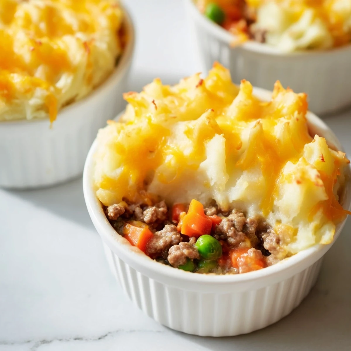 Golden-brown Mini Shepherds Pie with creamy mashed potatoes and savory meat filling in a ramekin.