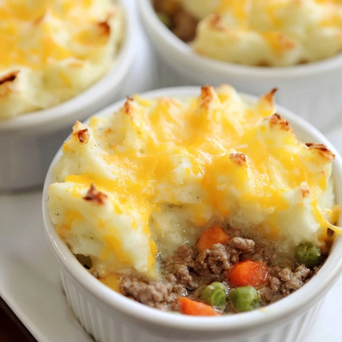 A plate of Mini Shepherds Pie topped with melted cheddar and served beside a fresh salad.