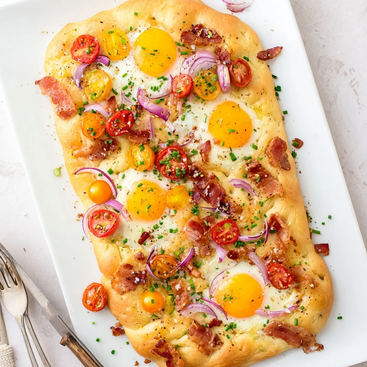 Slices of warm Breakfast Focaccia topped with runny yolk eggs and cherry tomatoes ready to serve.