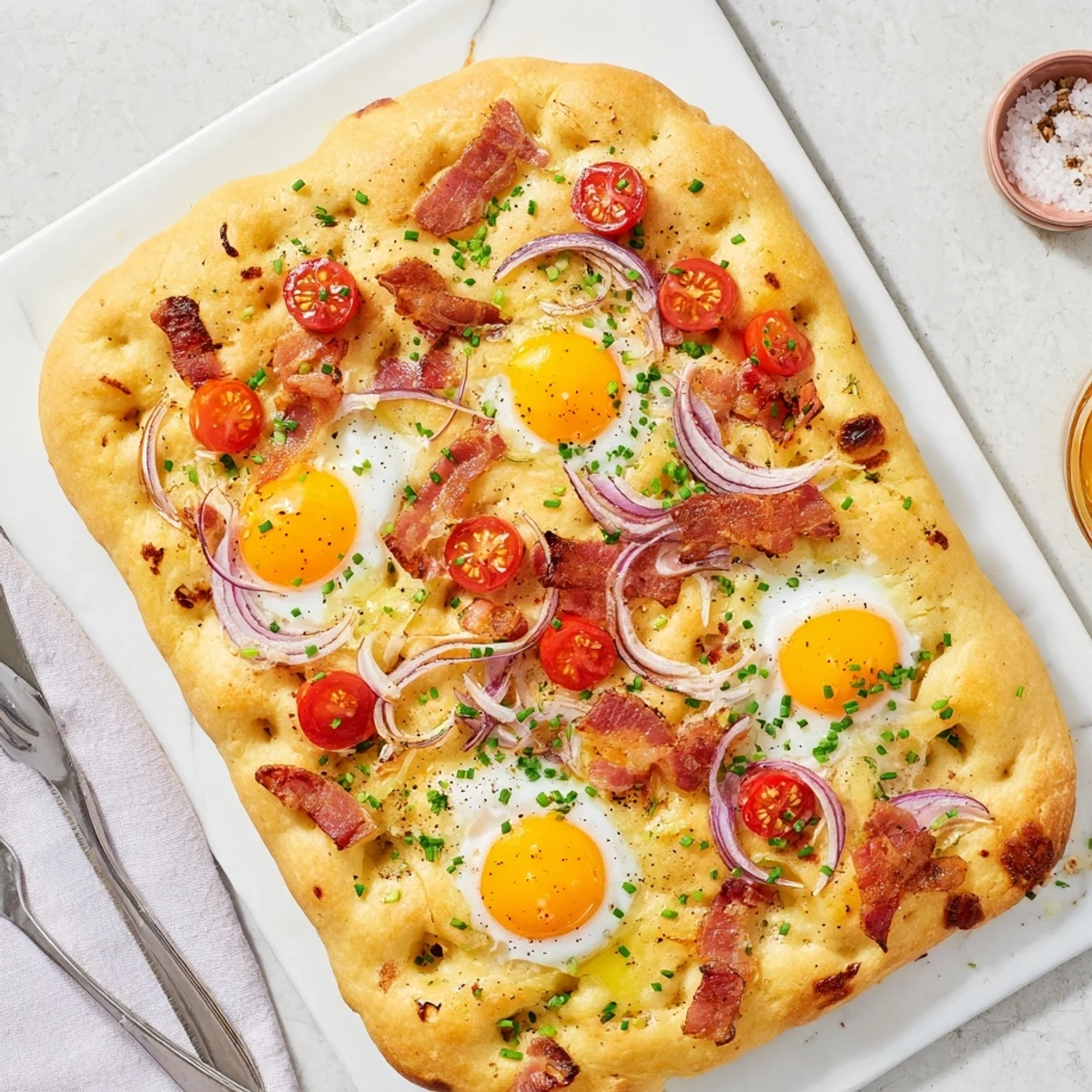 Freshly baked Breakfast Focaccia with soft eggs, crispy bacon, and herbs on a rustic tray.