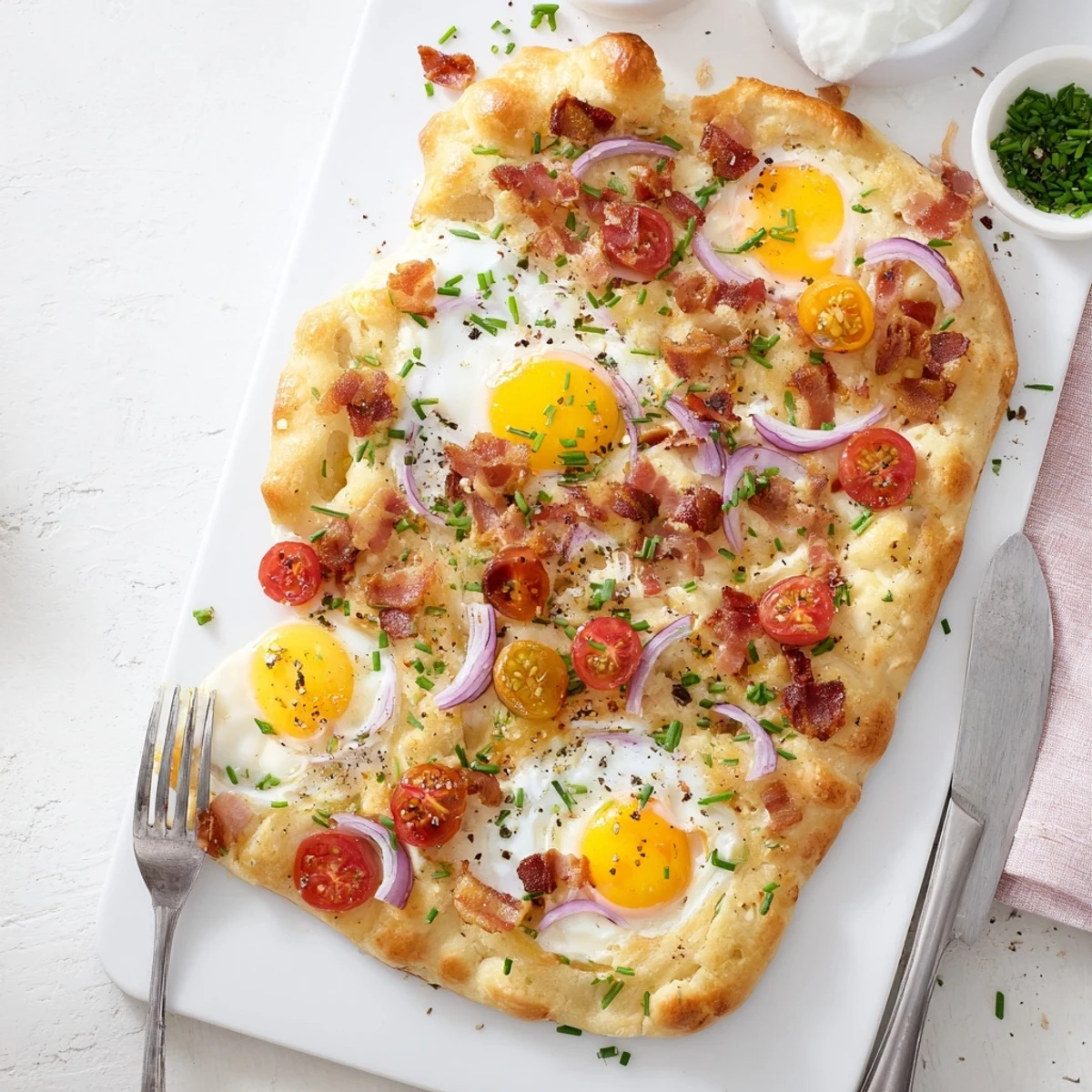 Golden Breakfast Focaccia with bacon bits and red onions, drizzled with olive oil for a savory brunch.