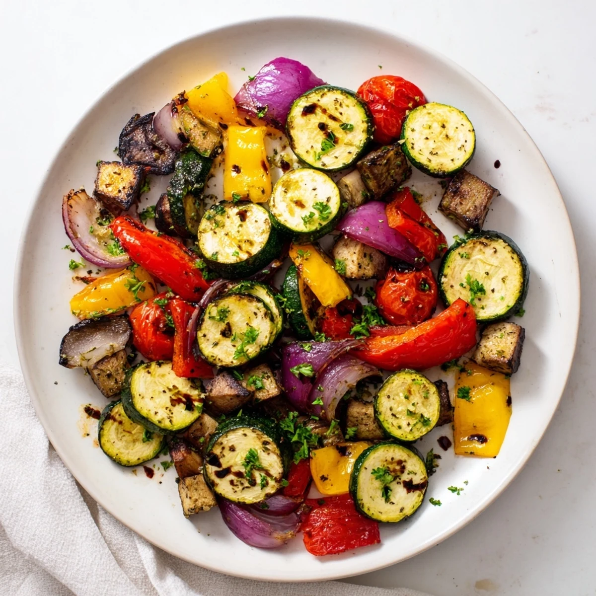 A vibrant platter of Italian Roasted Vegetables featuring golden zucchini, bell peppers, and onion wedges ready to serve.