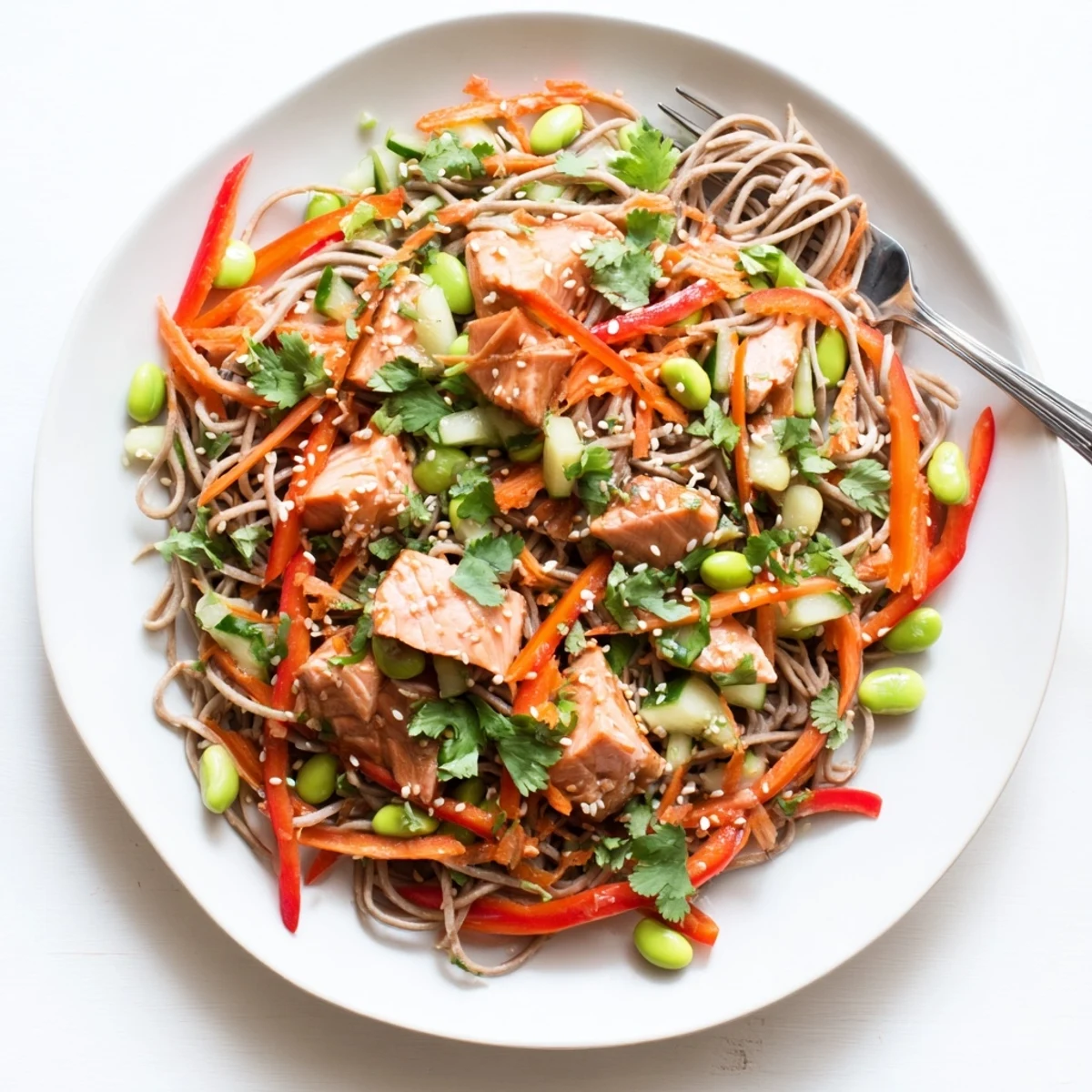 Glazed teriyaki salmon rests atop buckwheat soba noodles with crisp carrots and cucumber in this vibrant salad.