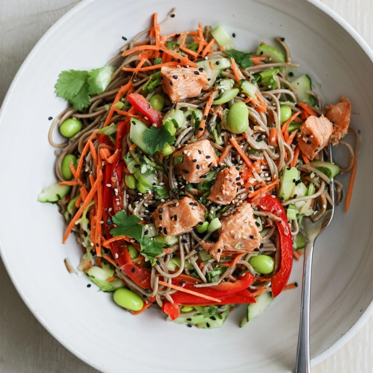 Flaky salmon glazed with sweet teriyaki sauce over cold soba noodles with crunchy vegetables and sesame seeds.
