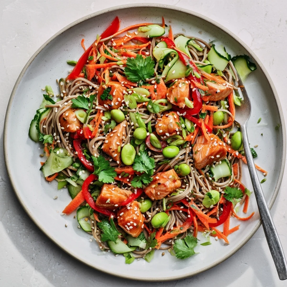 A bowl of teriyaki salmon soba noodle salad garnished with cilantro and lime wedges ready for dinner.