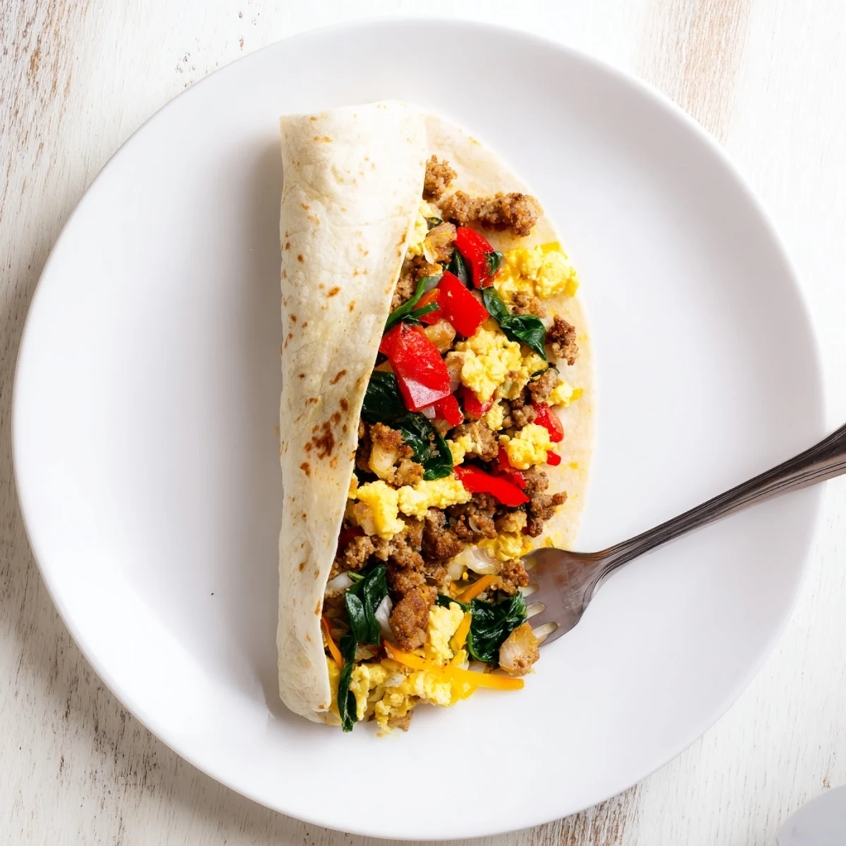 Homemade breakfast burritos filled with scrambled eggs, sausage, peppers, onions, and spinach ready for freezing