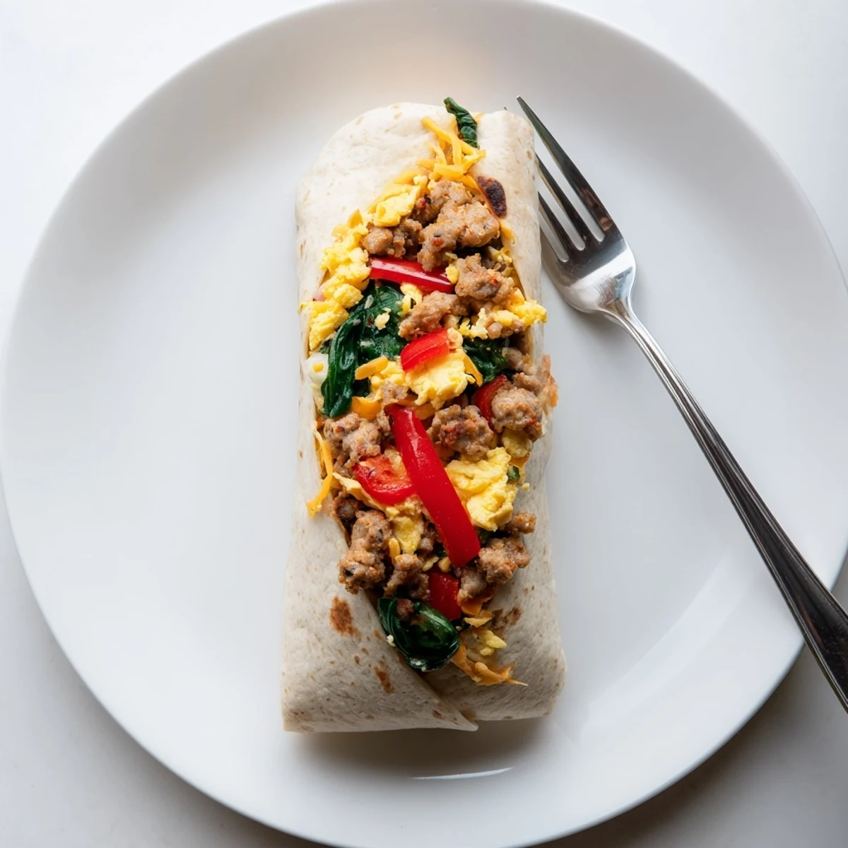 Flour tortillas stuffed with savory egg and sausage mixture, topped with shredded cheese and fresh salsa