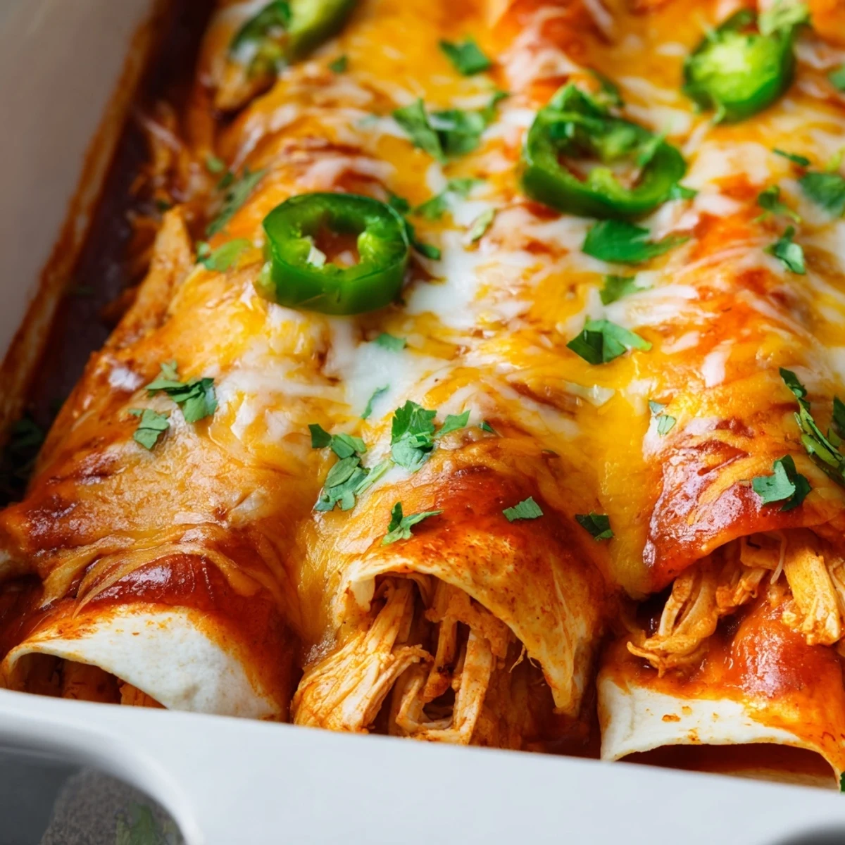 Golden chicken enchiladas bubbling with melted cheese and zesty red sauce in a baking dish