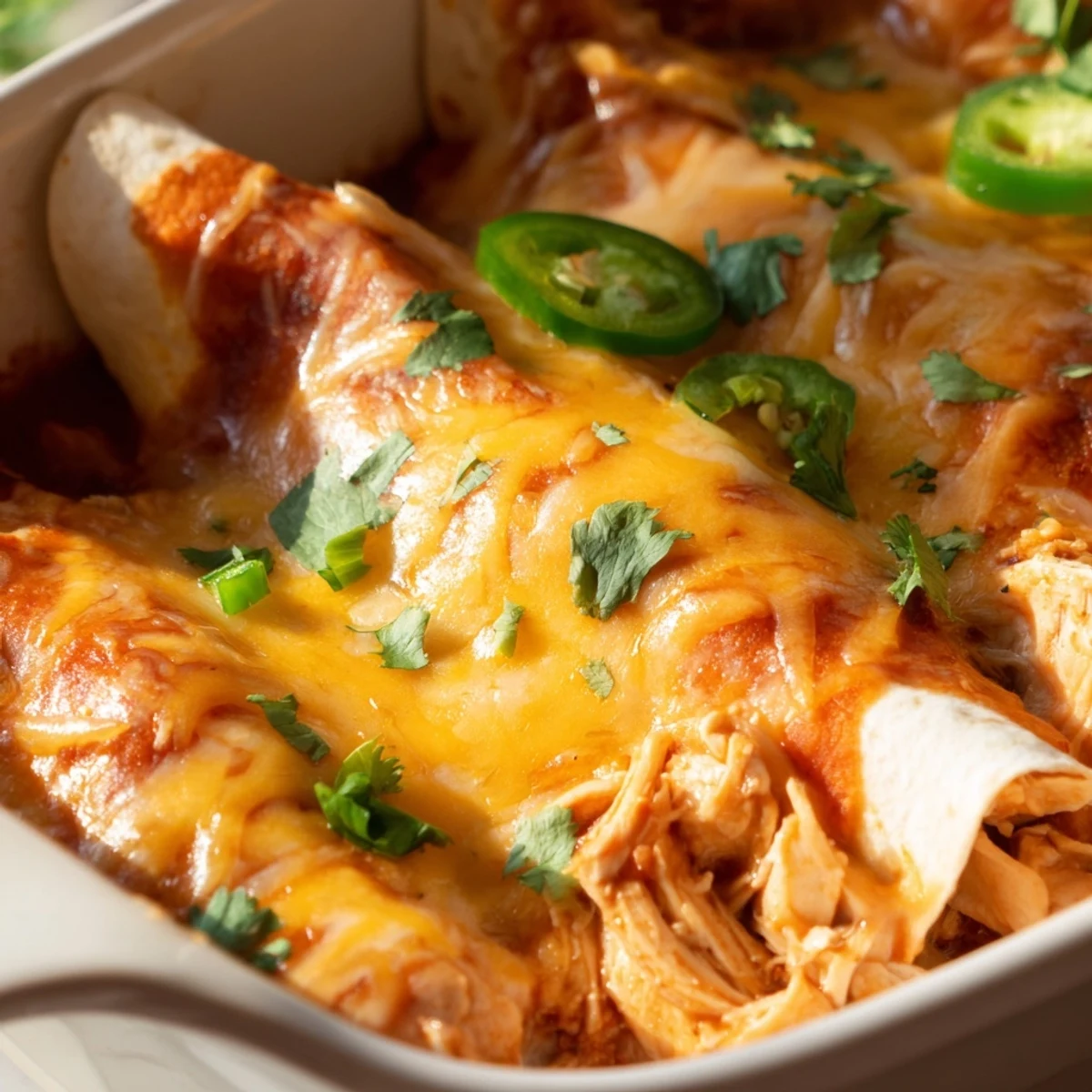 Comforting chicken enchiladas with shredded meat, beans, and corn wrapped in soft tortillas under gooey cheese