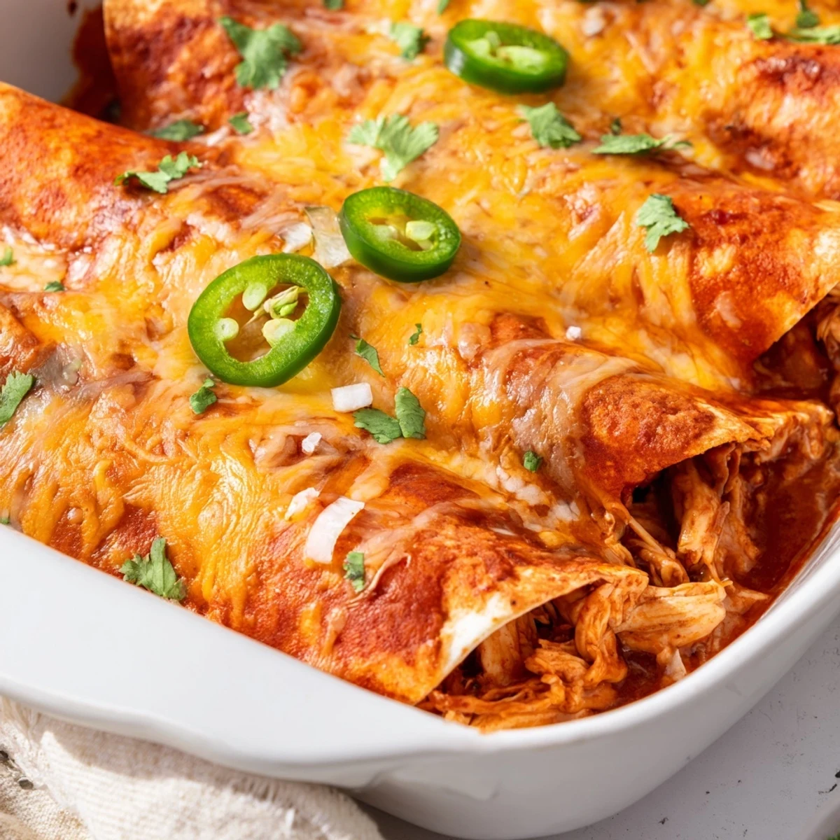 Rolled chicken enchiladas smothered in spicy sauce and topped with fresh cilantro and jalapeño slices