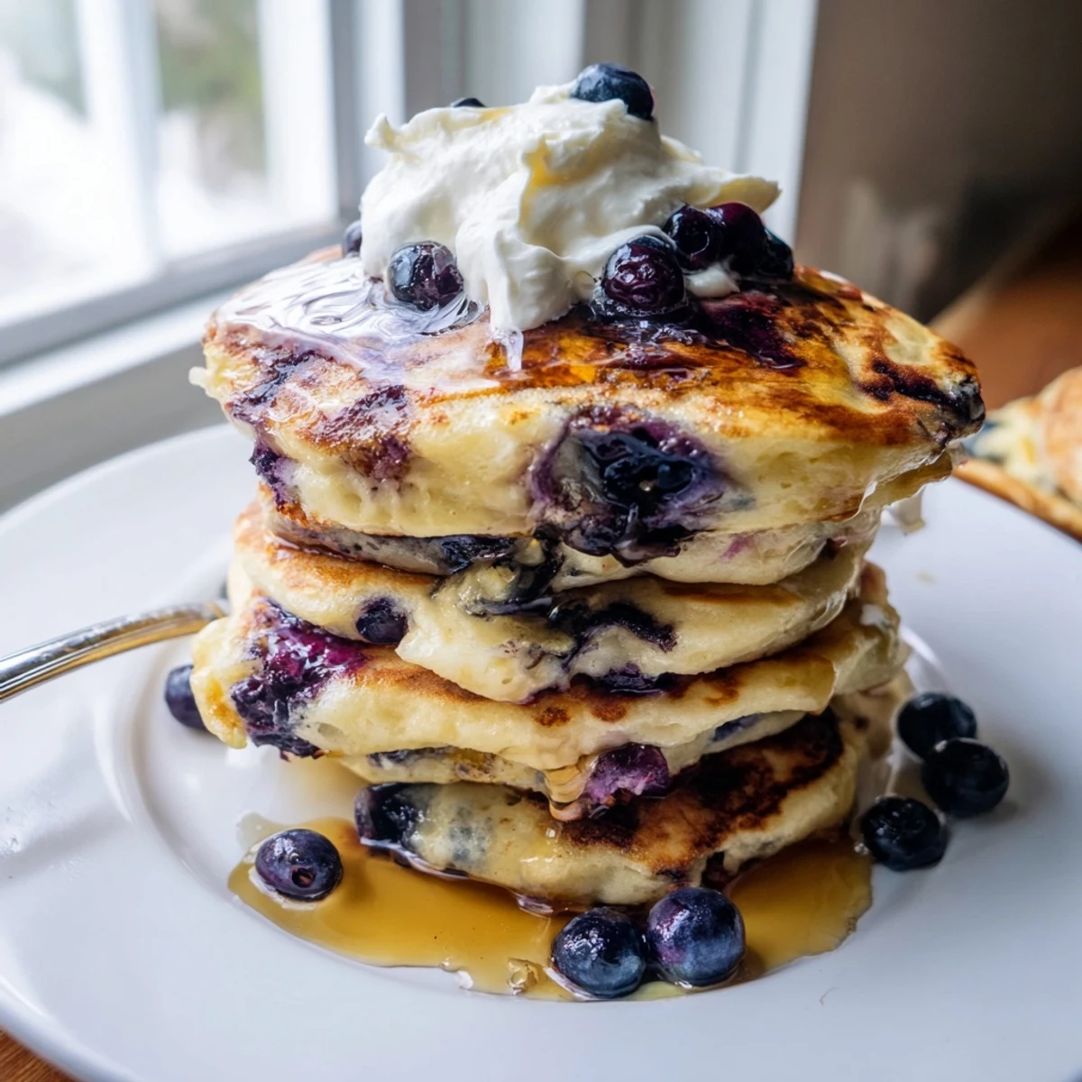 Golden stack of fluffy Greek yogurt blueberry pancakes topped with fresh berries and maple syrup