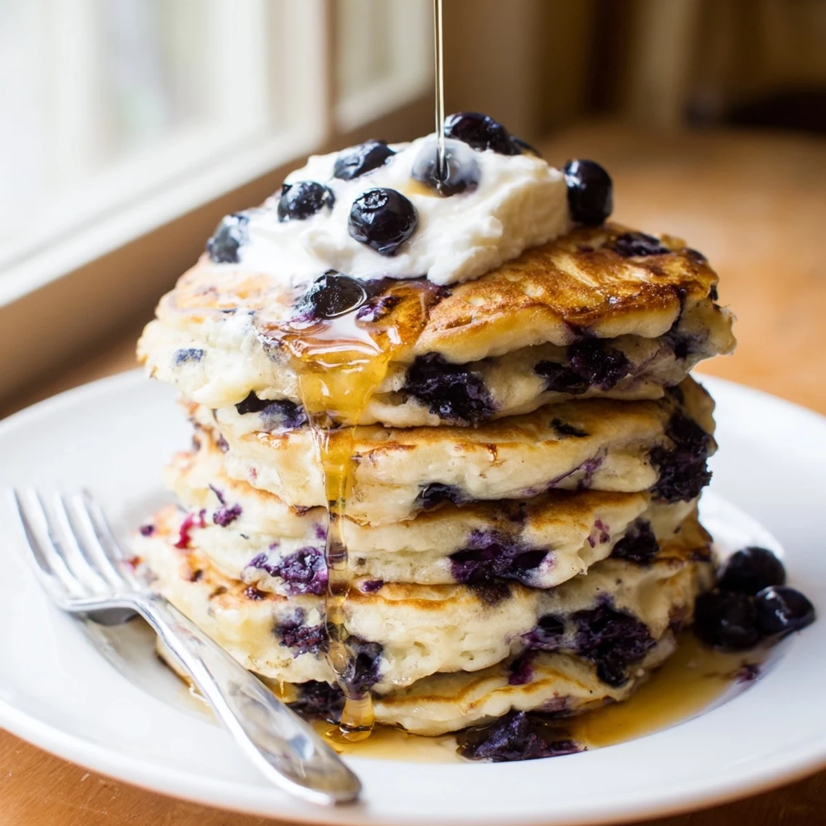 Golden brown Greek yogurt blueberry pancakes stacked high with melted butter and scattered fresh berries