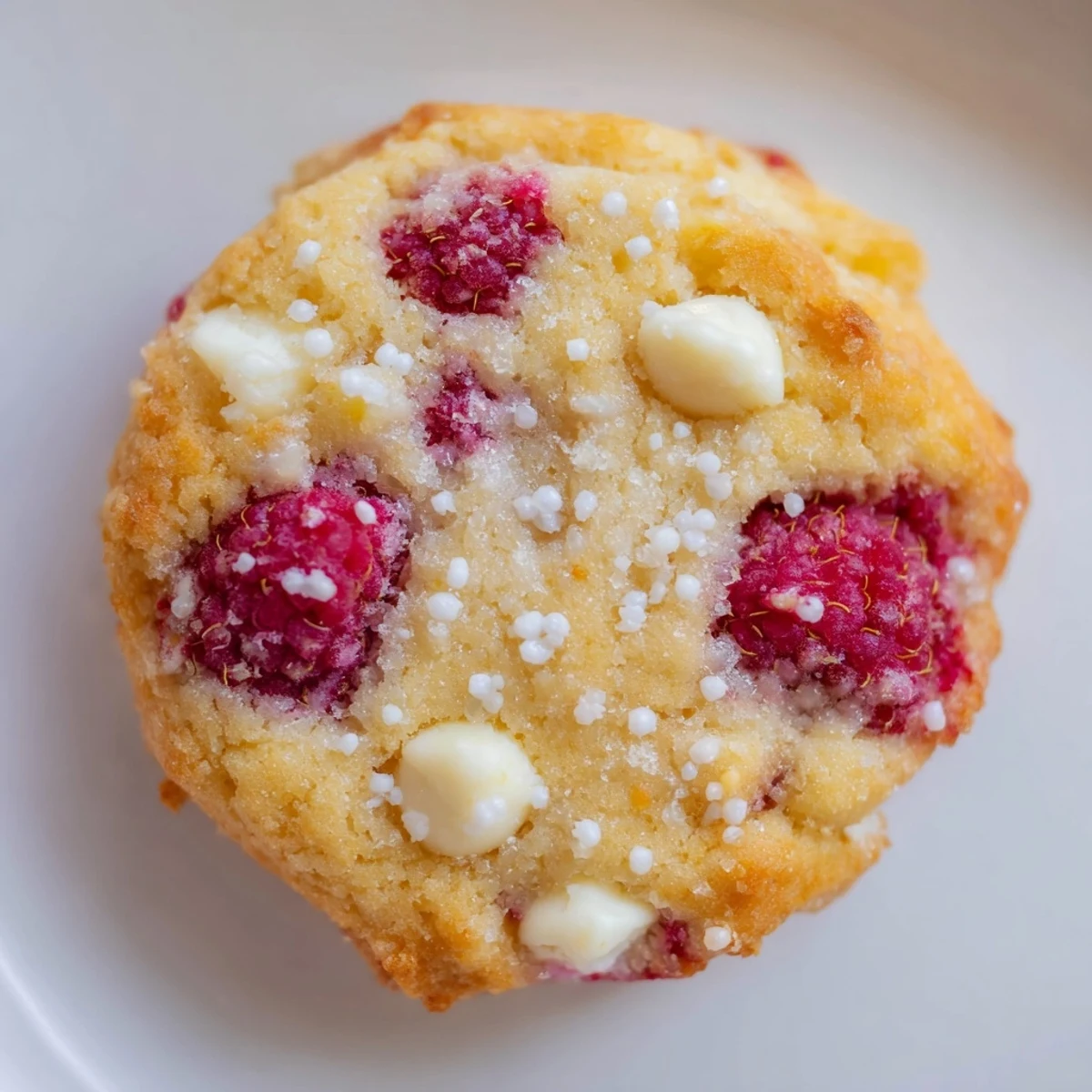 Zesty lemon raspberry cookies topped with coarse sugar served alongside a glass of lemonade