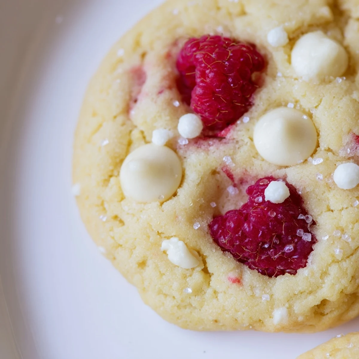 Soft-baked lemon raspberry cookies scattered with juicy raspberries on a white wire rack