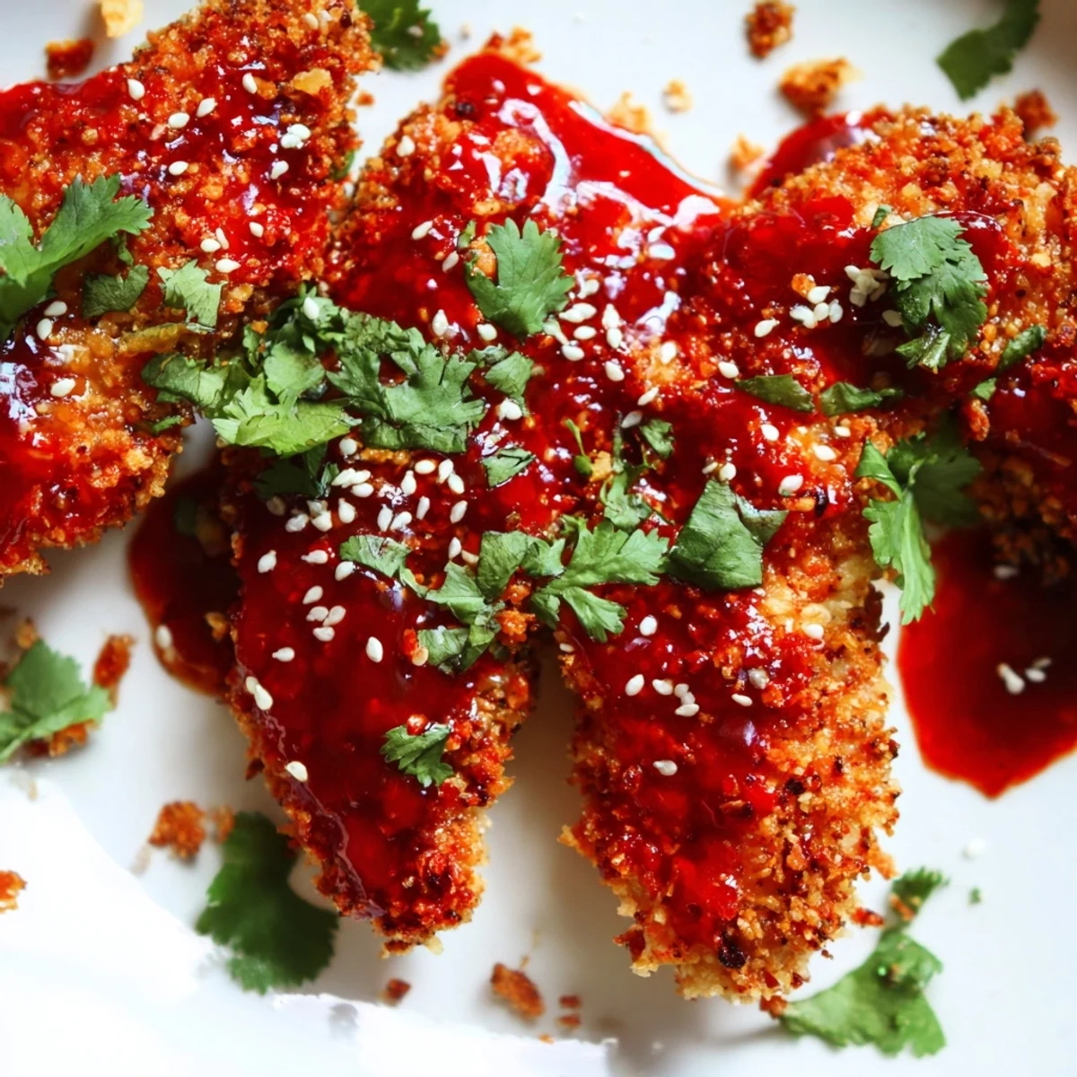 Crispy baked Thai sticky chicken fingers coated in glossy sweet and spicy red sauce garnished with fresh cilantro and sesame seeds