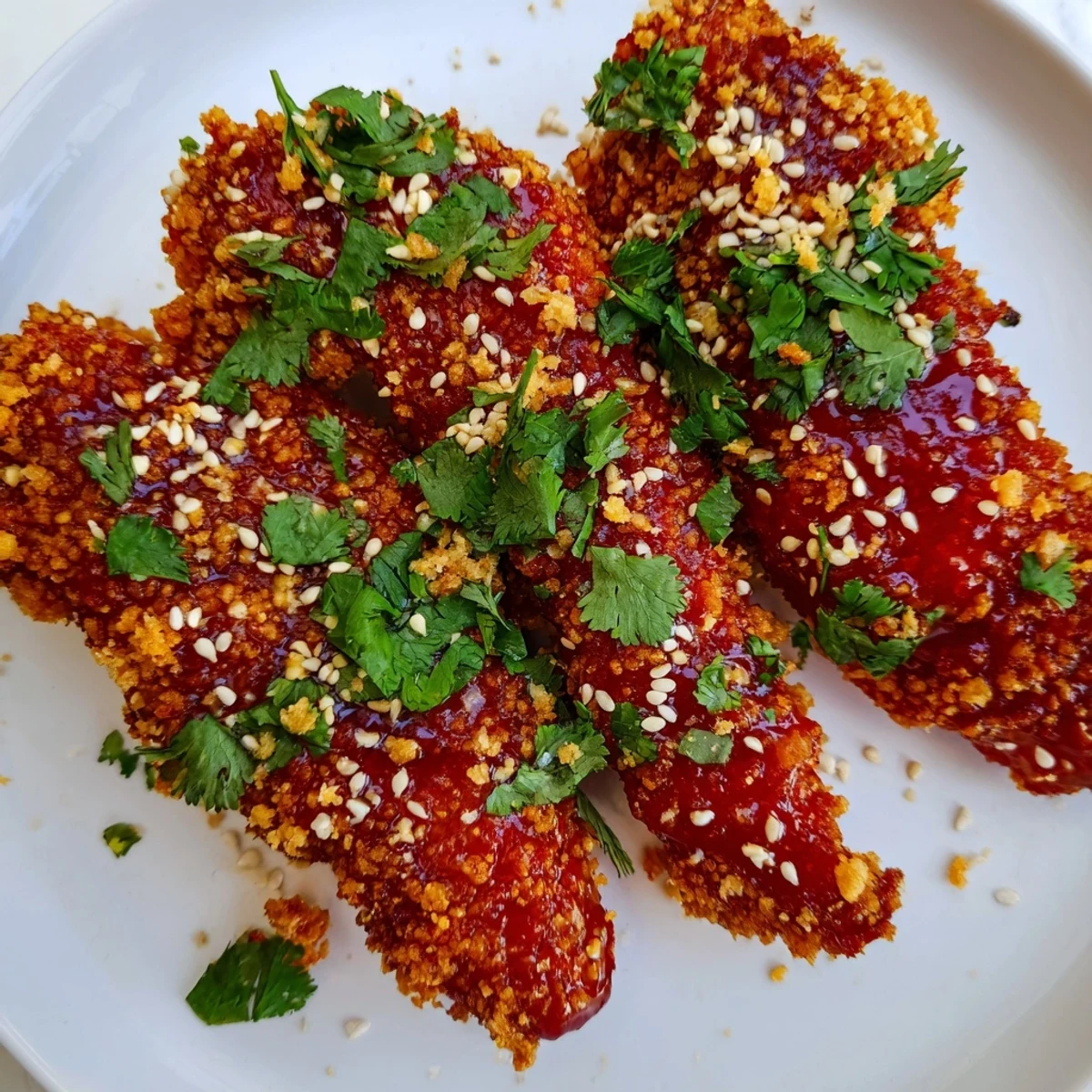 Golden brown Thai sticky chicken tenders drizzled with tangy chili glaze and served with lime wedges on a white platter