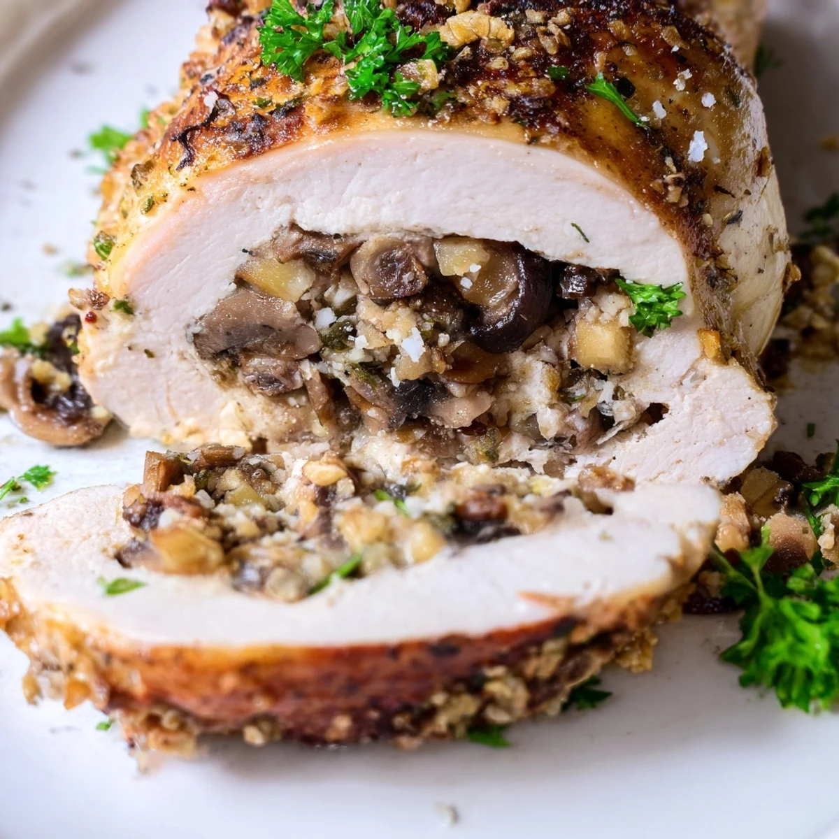 Golden seared mushroom stuffed chicken breast plated with fresh parsley garnish on white dish