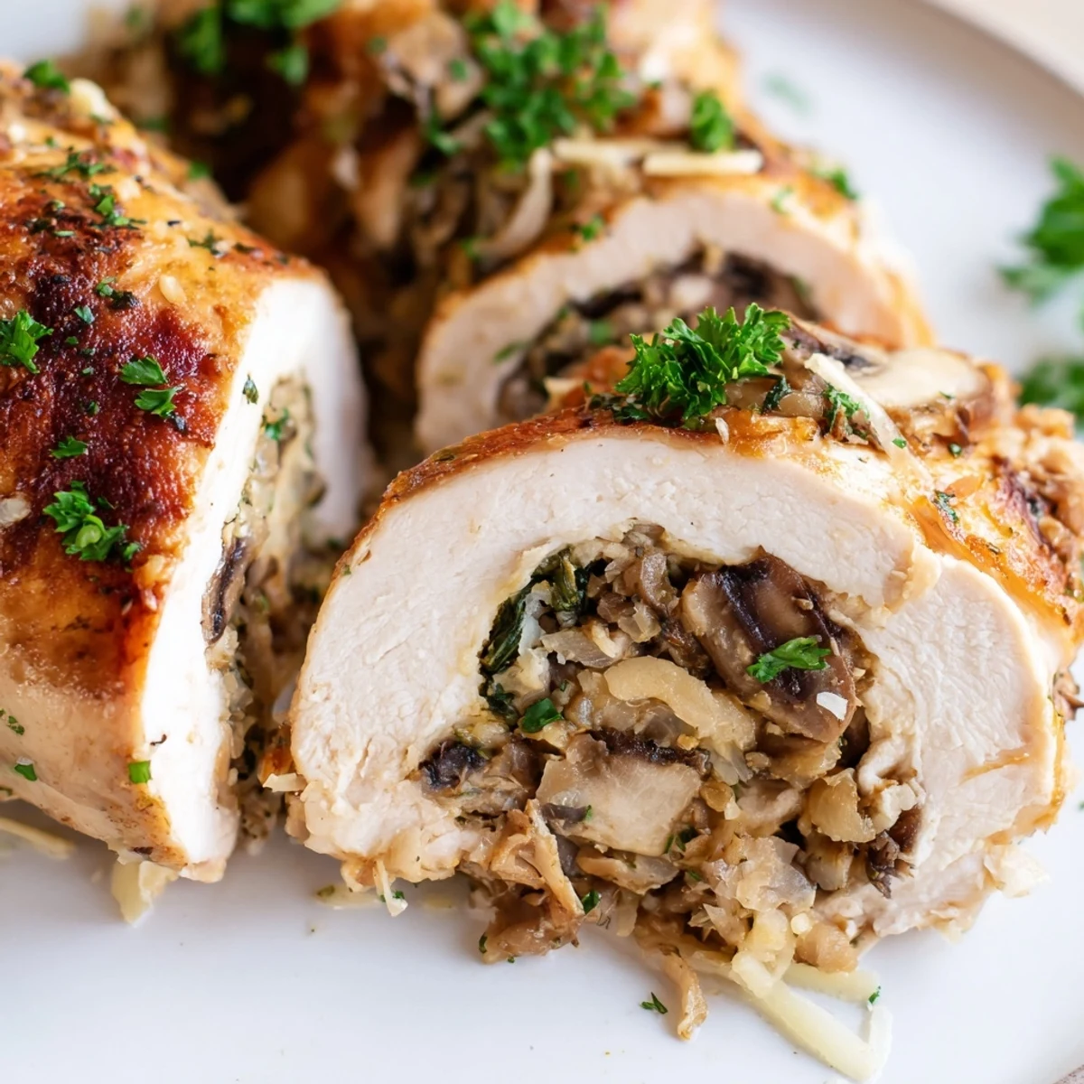 Succulent stuffed chicken breast sliced open revealing savory mushroom and cheese filling center