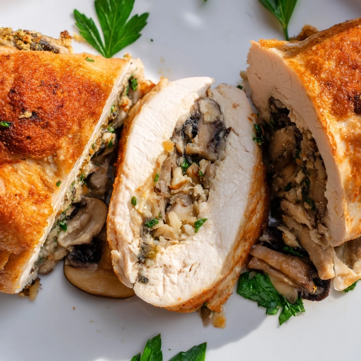 Oven baked mushroom stuffed chicken breast served with roasted vegetables for dinner table