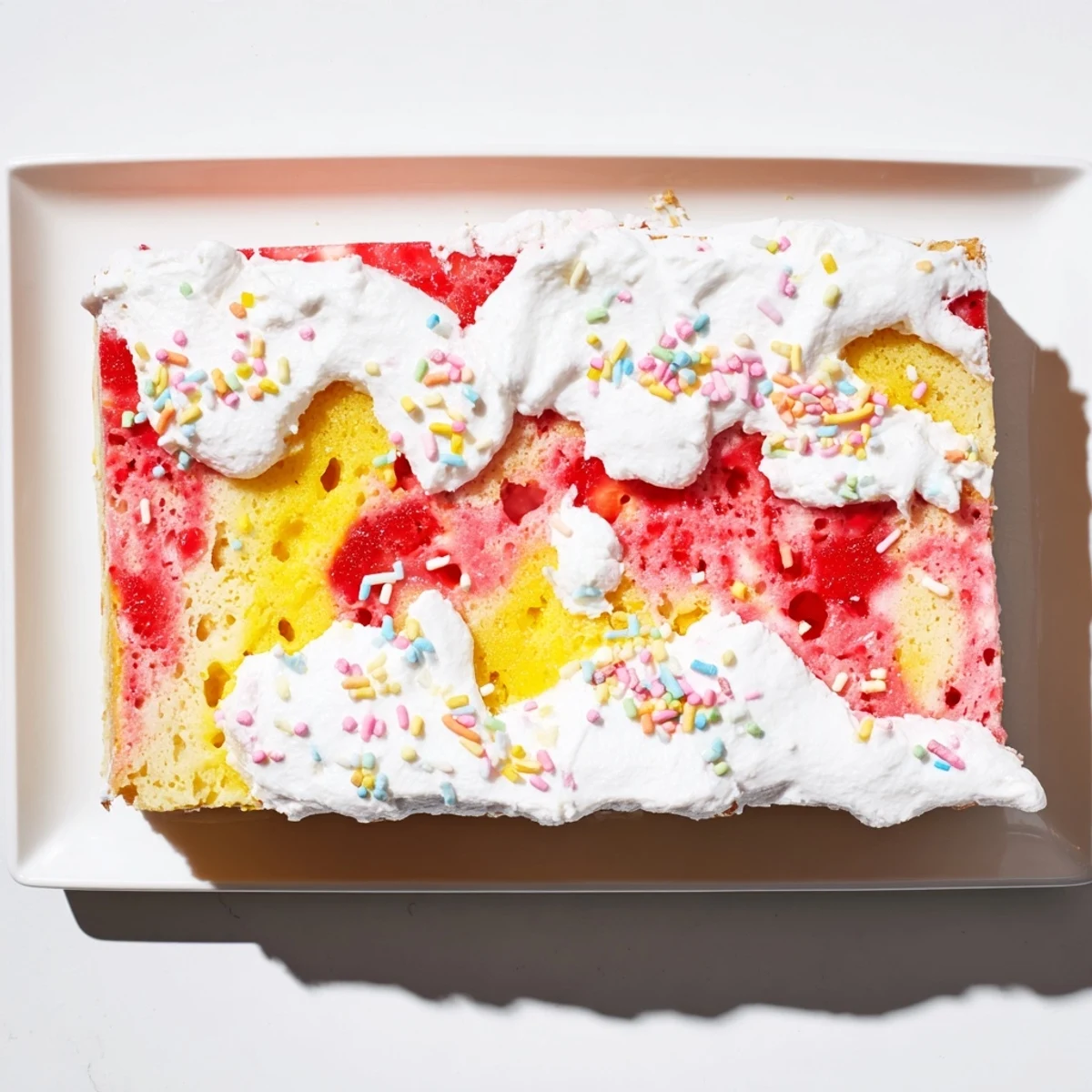 Festive Easter poke cake with colorful vanilla gelatin stripes and whipped cream topping
