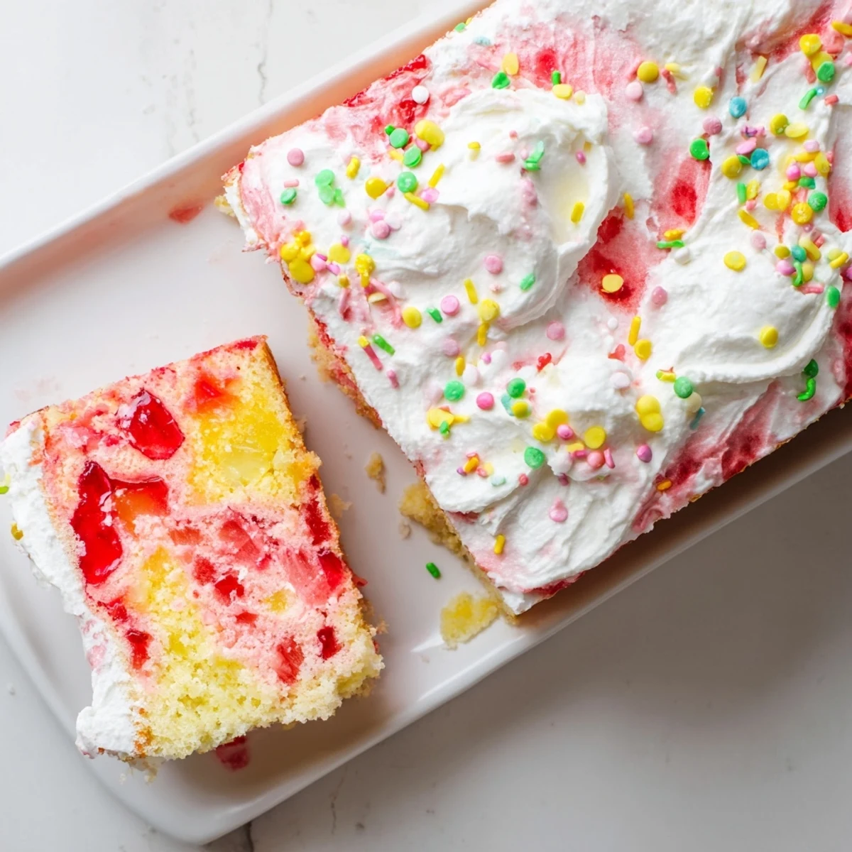 Moist vanilla cake infused with fruity gelatin and topped with fluffy whipped cream