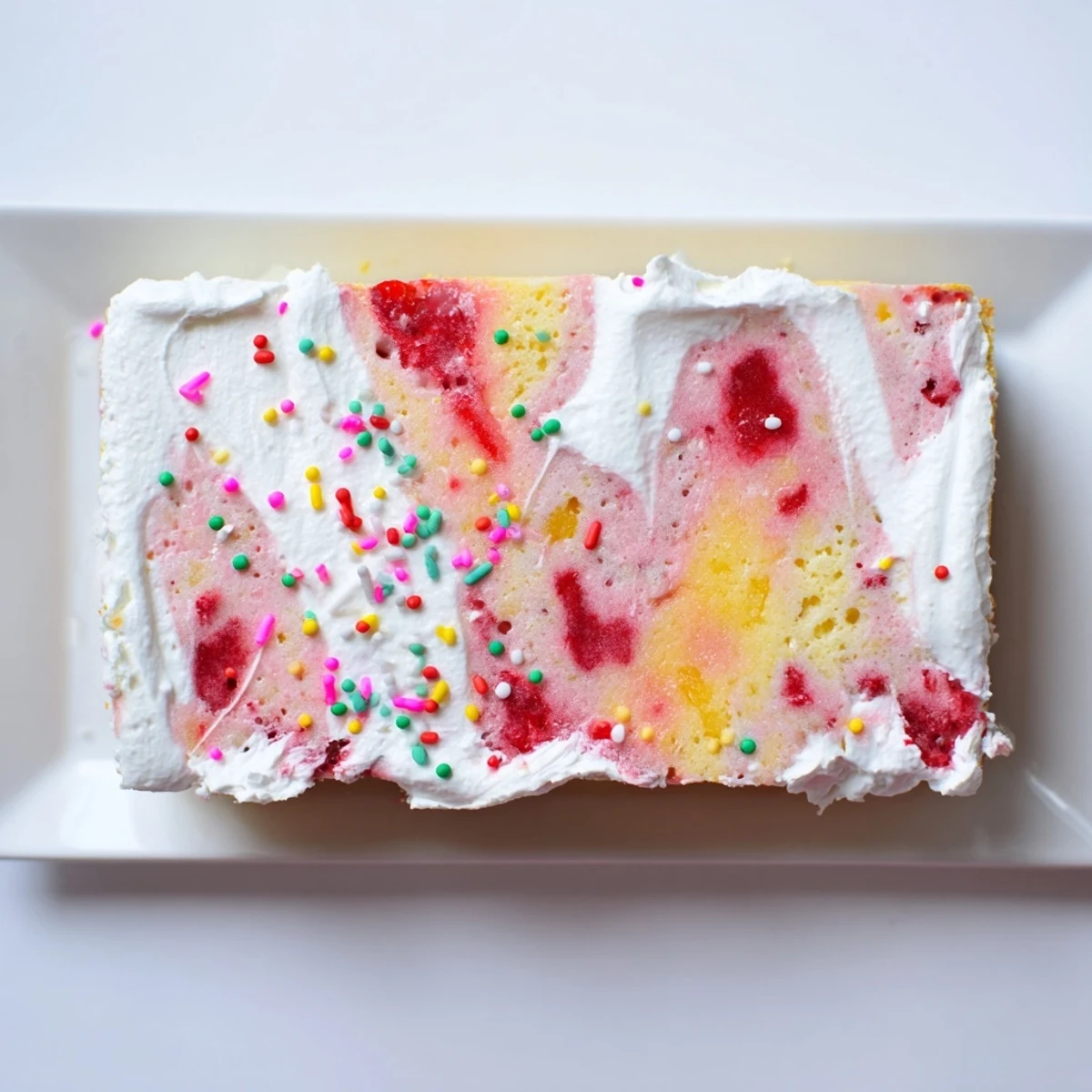 Colorful spring dessert featuring vanilla poke cake with pastel whipped cream and sprinkles