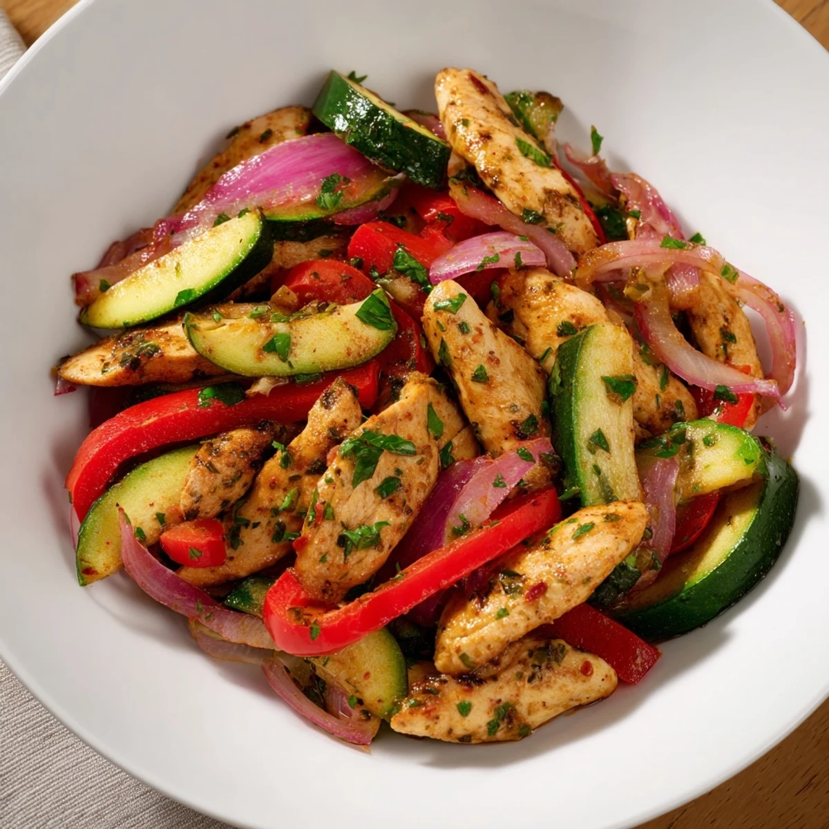 Colorful Mediterranean chicken stir fry with tender zucchini, bell peppers, and golden seared chicken in a skillet