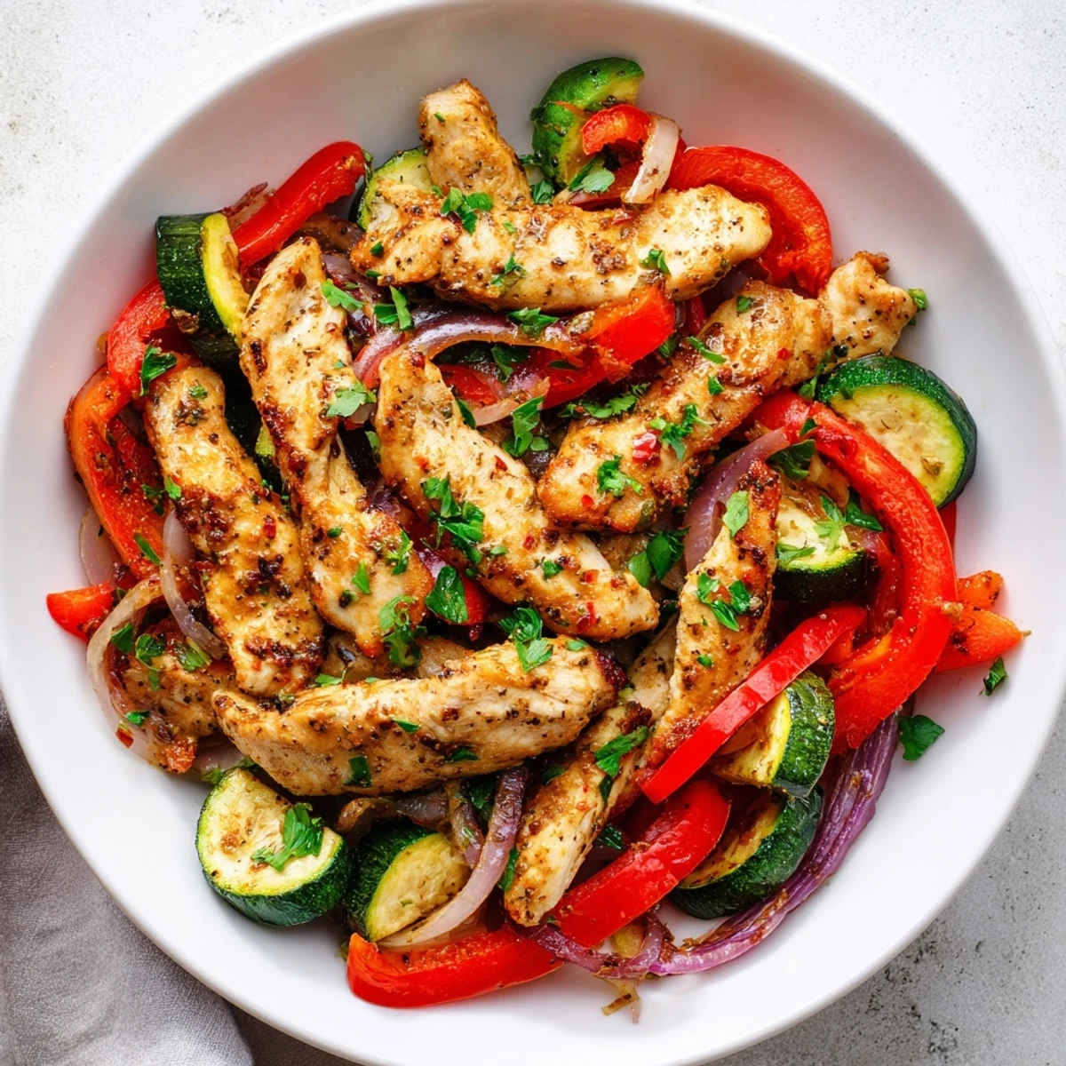 Vibrant one-pan Mediterranean chicken stir fry featuring juicy strips, crisp vegetables, and fragrant oregano garnished with parsley