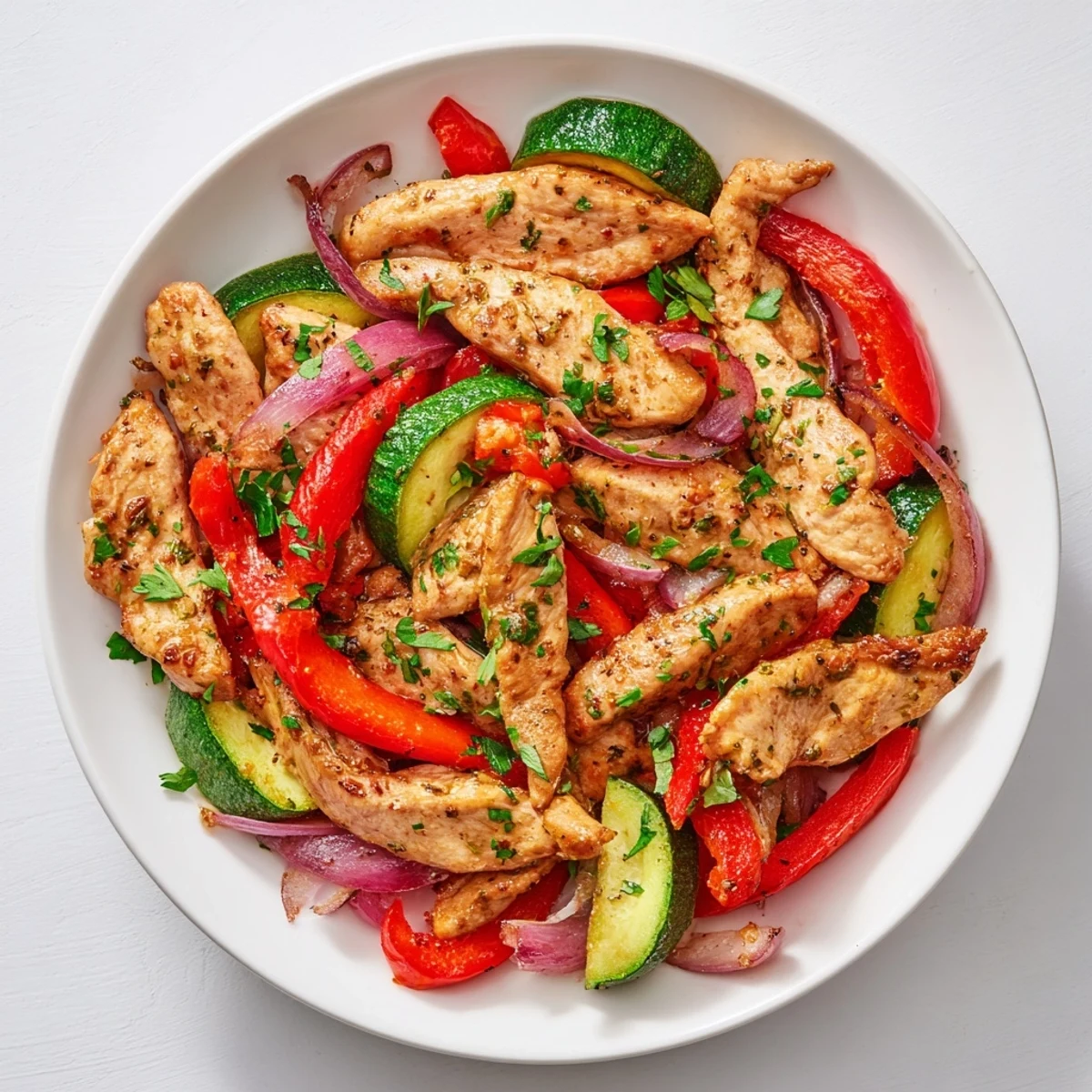 Healthy gluten-free Mediterranean chicken stir fry packed with colorful veggies and lean protein ready for a quick dinner