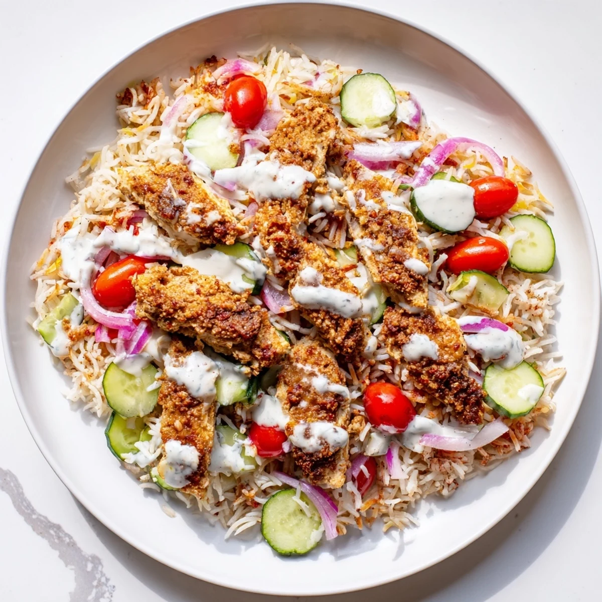 Golden spiced chicken shawarma salad featuring crispy rice and fresh vegetables drizzled with tangy Greek yogurt
