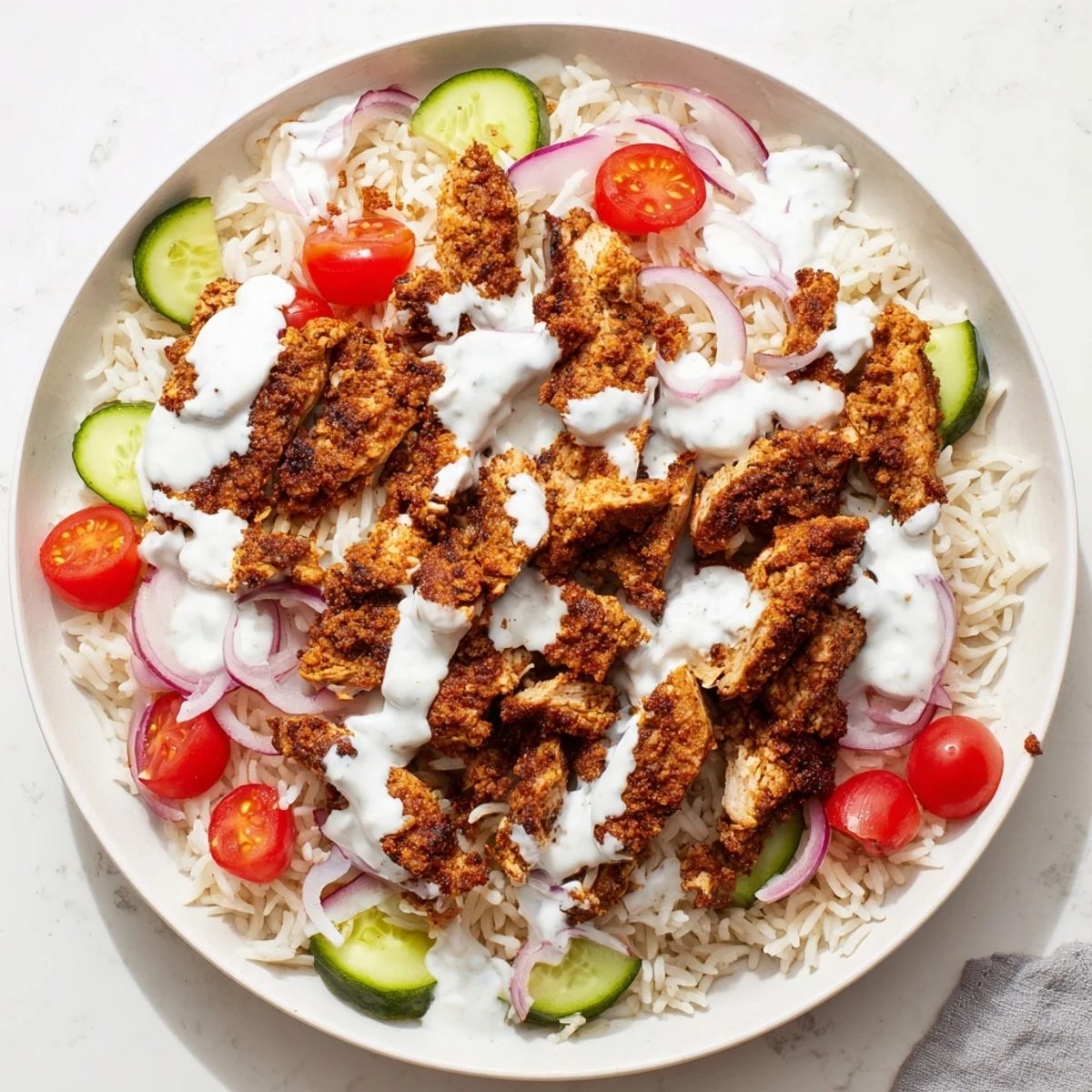 Middle Eastern chicken shawarma salad topped with crispy golden rice and refreshing diced vegetables