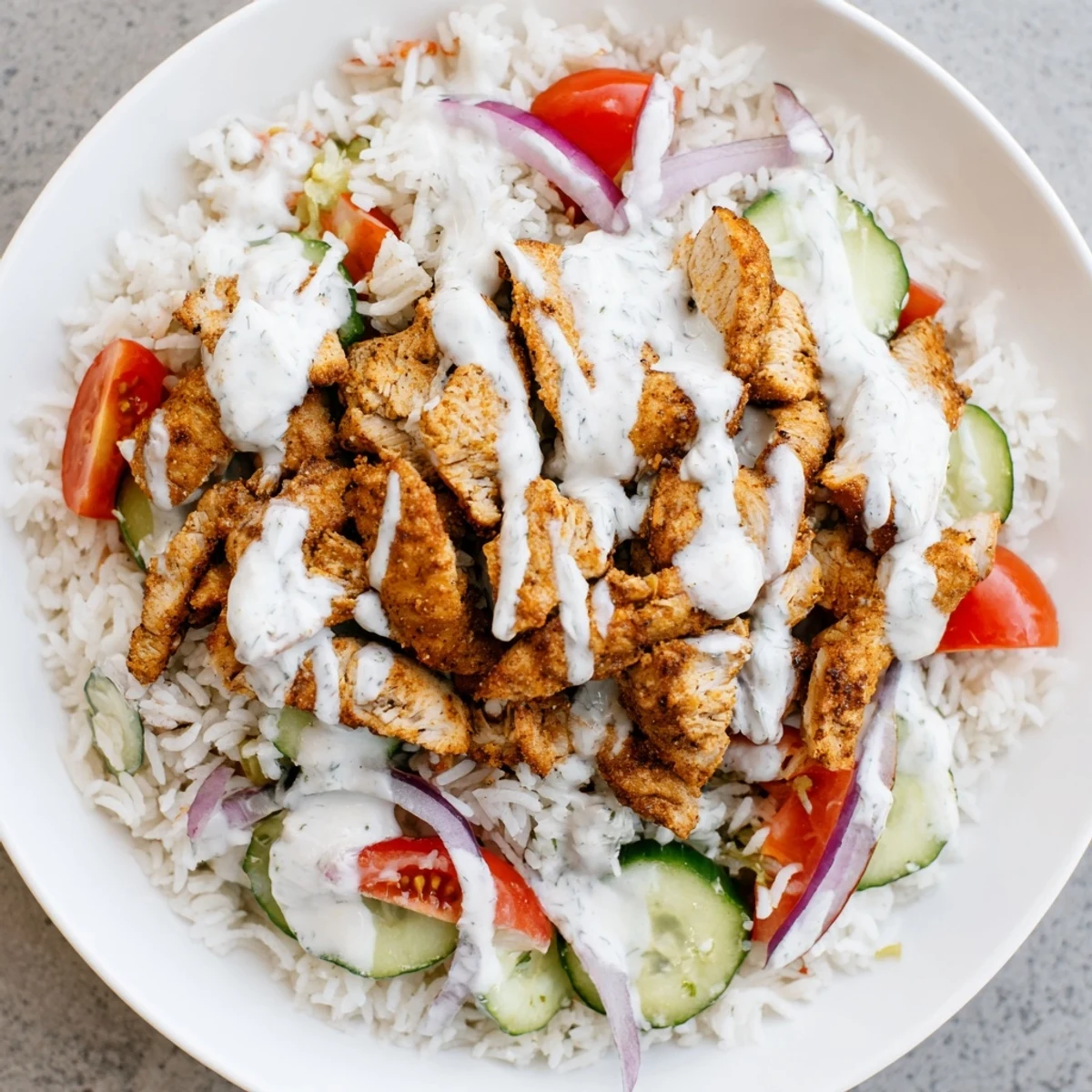 Vibrant chicken shawarma crispy rice salad bowl with cherry tomatoes cucumber and creamy yogurt dressing
