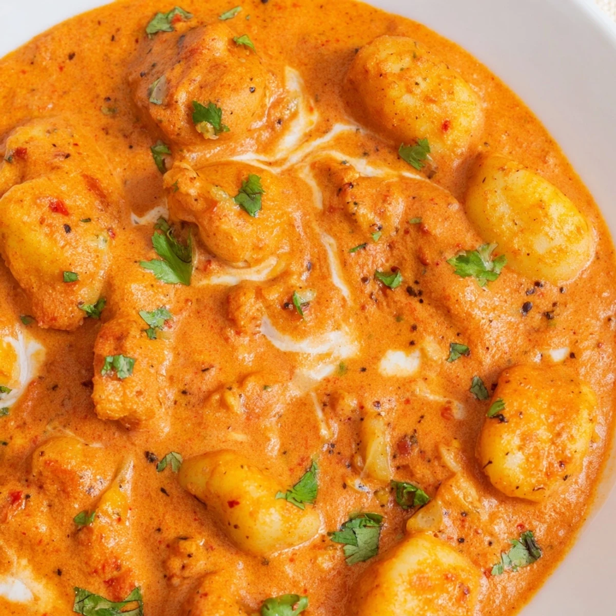 Golden potato gnocchi simmered in rich Indian curry sauce with cream and aromatic spices