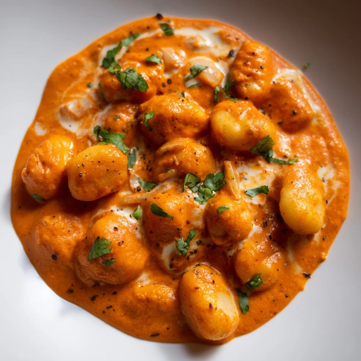 Creamy Tikka Masala Gnocchi coated in spiced tomato sauce and garnished with fresh cilantro