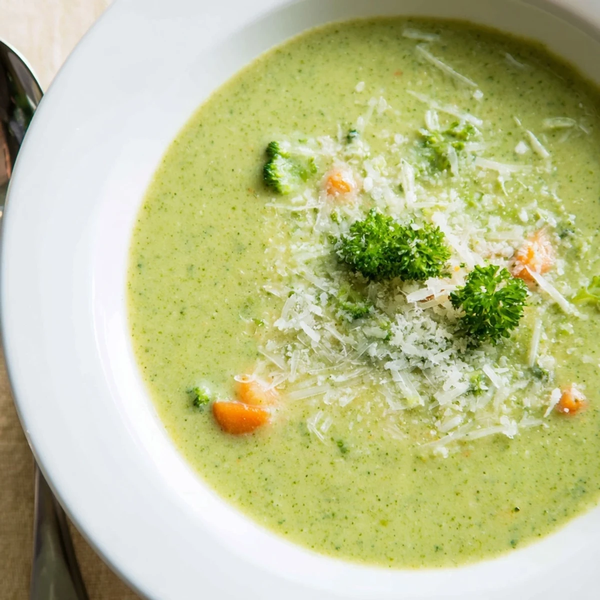 Creamy homemade Italian broccoli soup garnished with grated Parmesan and fresh herbs in a white bowl