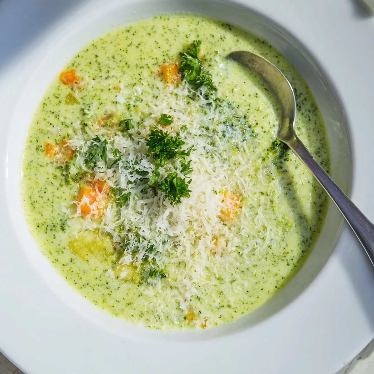 Velvety green homemade Italian broccoli soup drizzled with olive oil and served with crusty bread