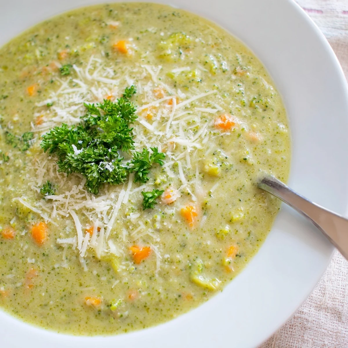 Steaming bowl of homemade Italian broccoli soup featuring smooth pureed texture and extra Parmesan topping