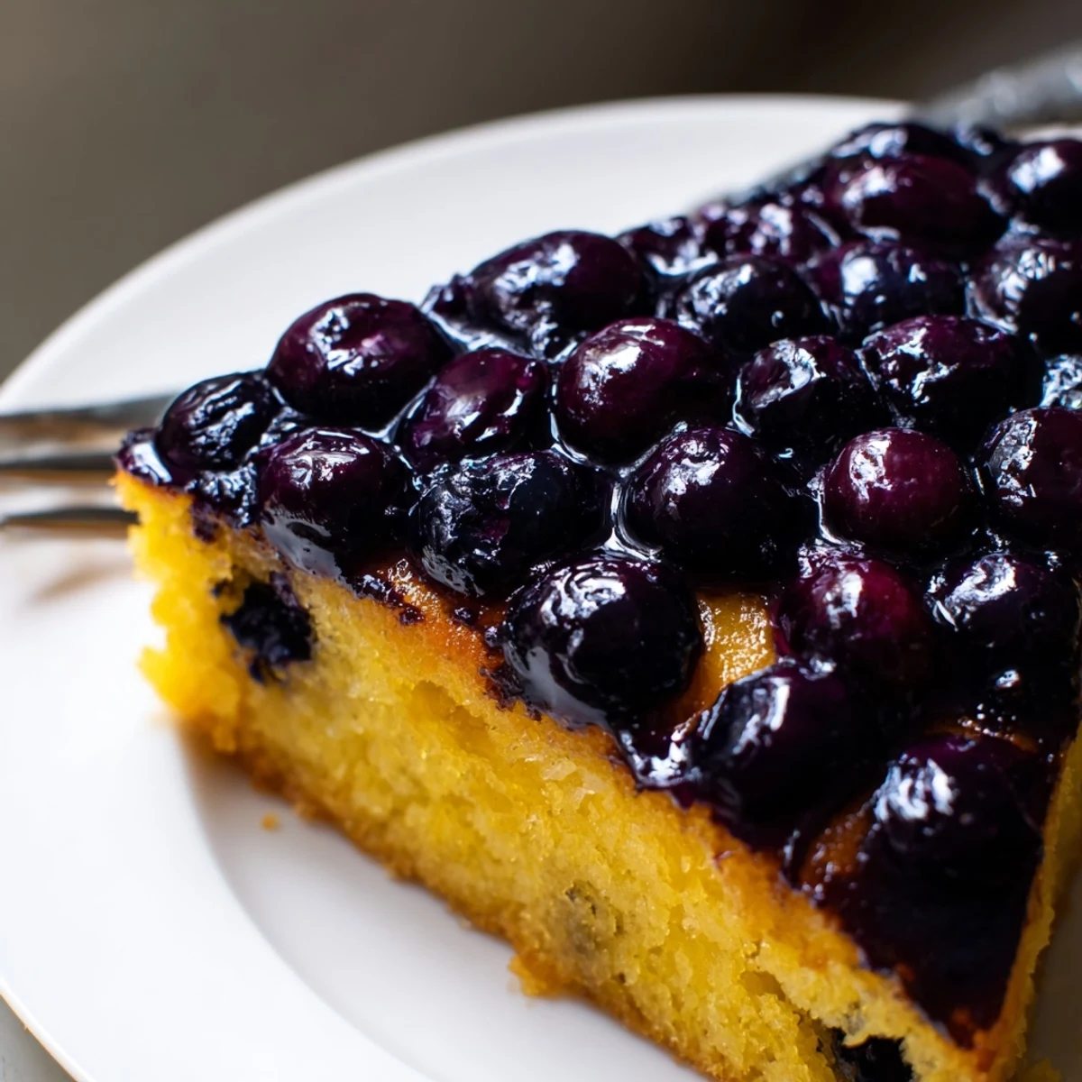 Slice of moist blueberry upside down cake revealing purple berry layer against golden crumb