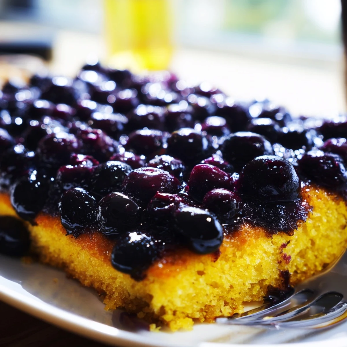 Golden blueberry upside down cake with caramelized fruit topping on a white serving plate