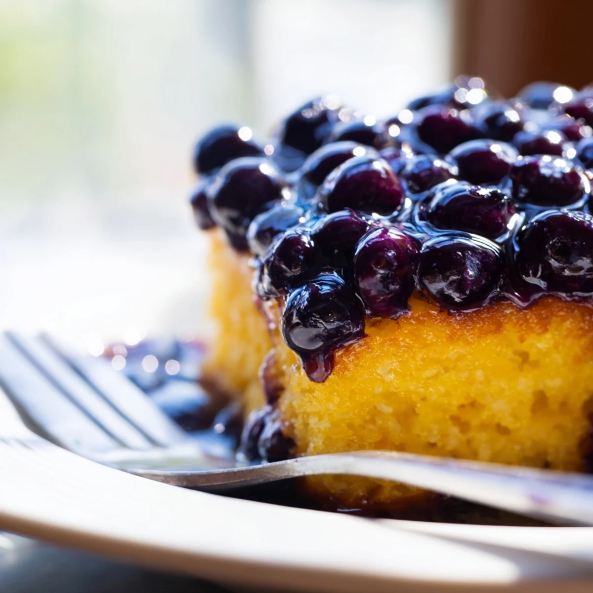 Whole blueberry upside down cake flipped onto serving dish with glistening caramelized berries
