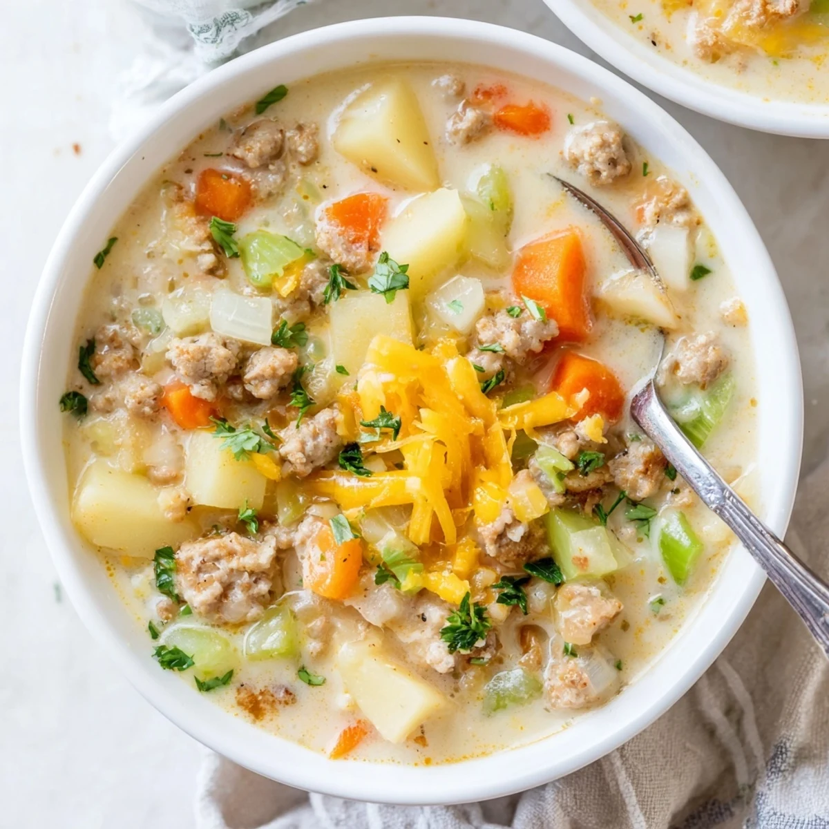 Steaming bowl of simple pork sausage potato soup with tender potatoes and savory sausage crumbles