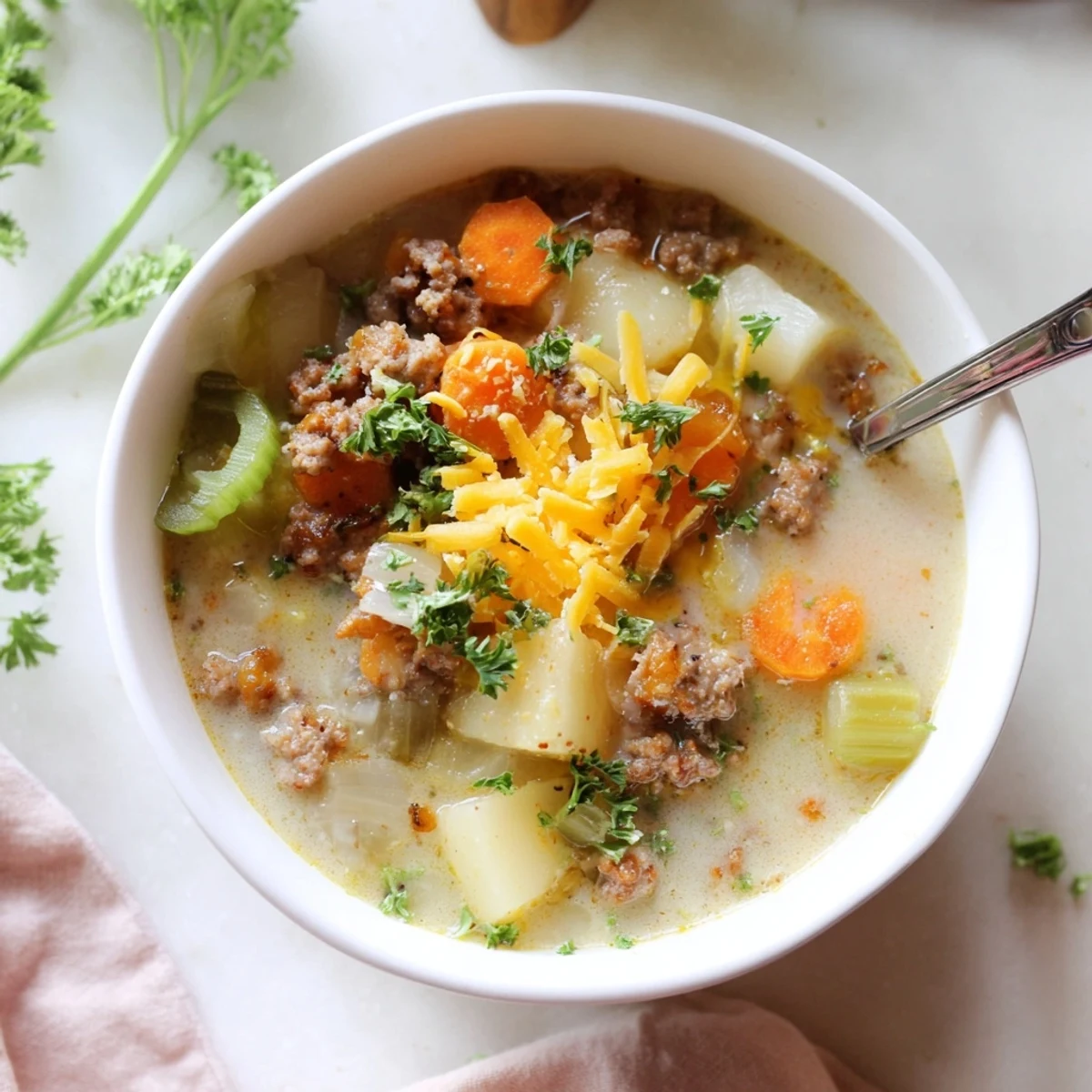 Creamy pork sausage potato soup bowl garnished with fresh parsley and grated cheddar cheese