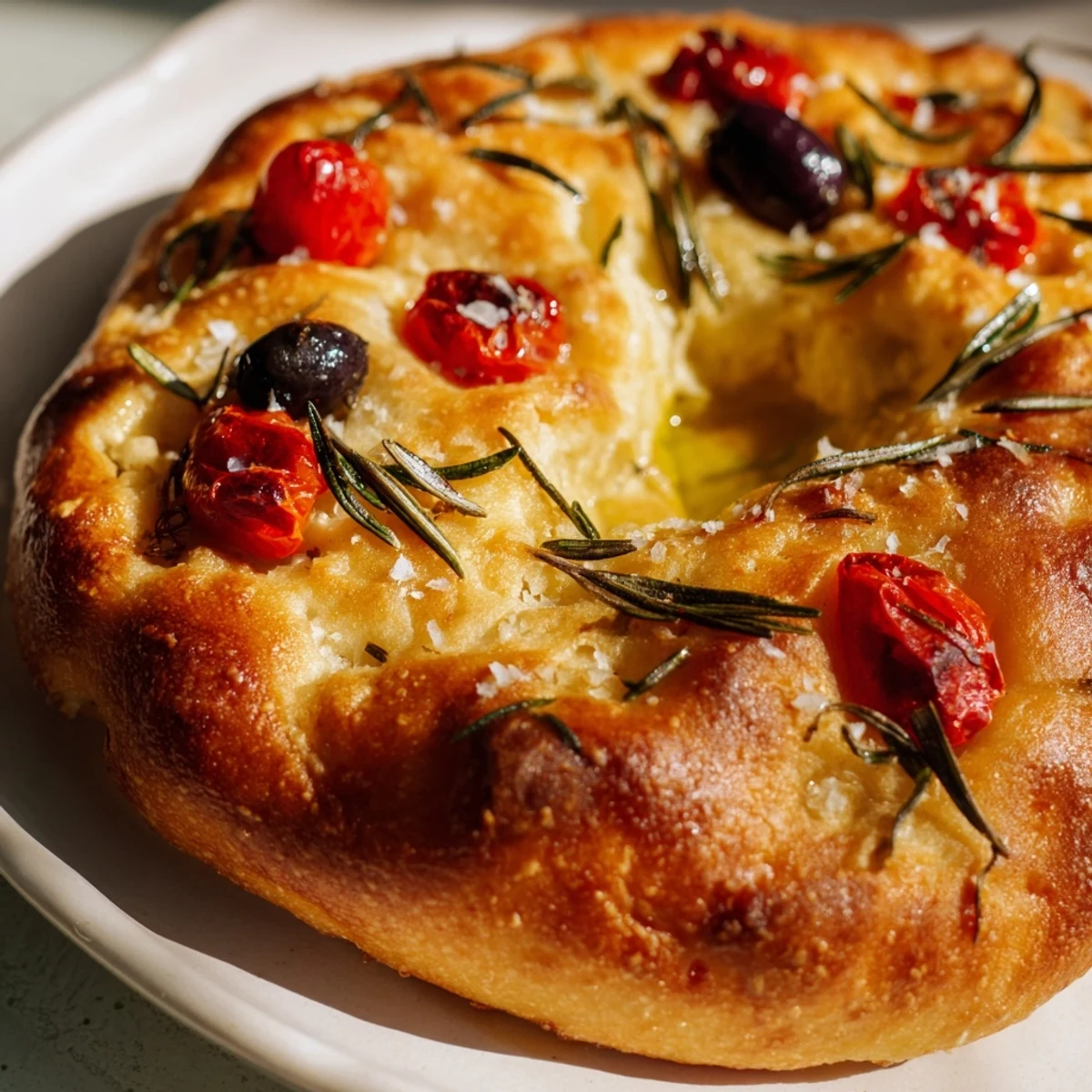Golden crispy mini focaccia topped with rosemary, sea salt, and cherry tomatoes on a rustic wooden board